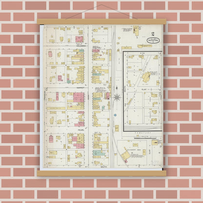 Old map wall art mockup — magnetic wood frame on brick wall — Sanborn Fire Insurance Map from Rockford, Mercer County, Ohio (1899), Sheet #0002