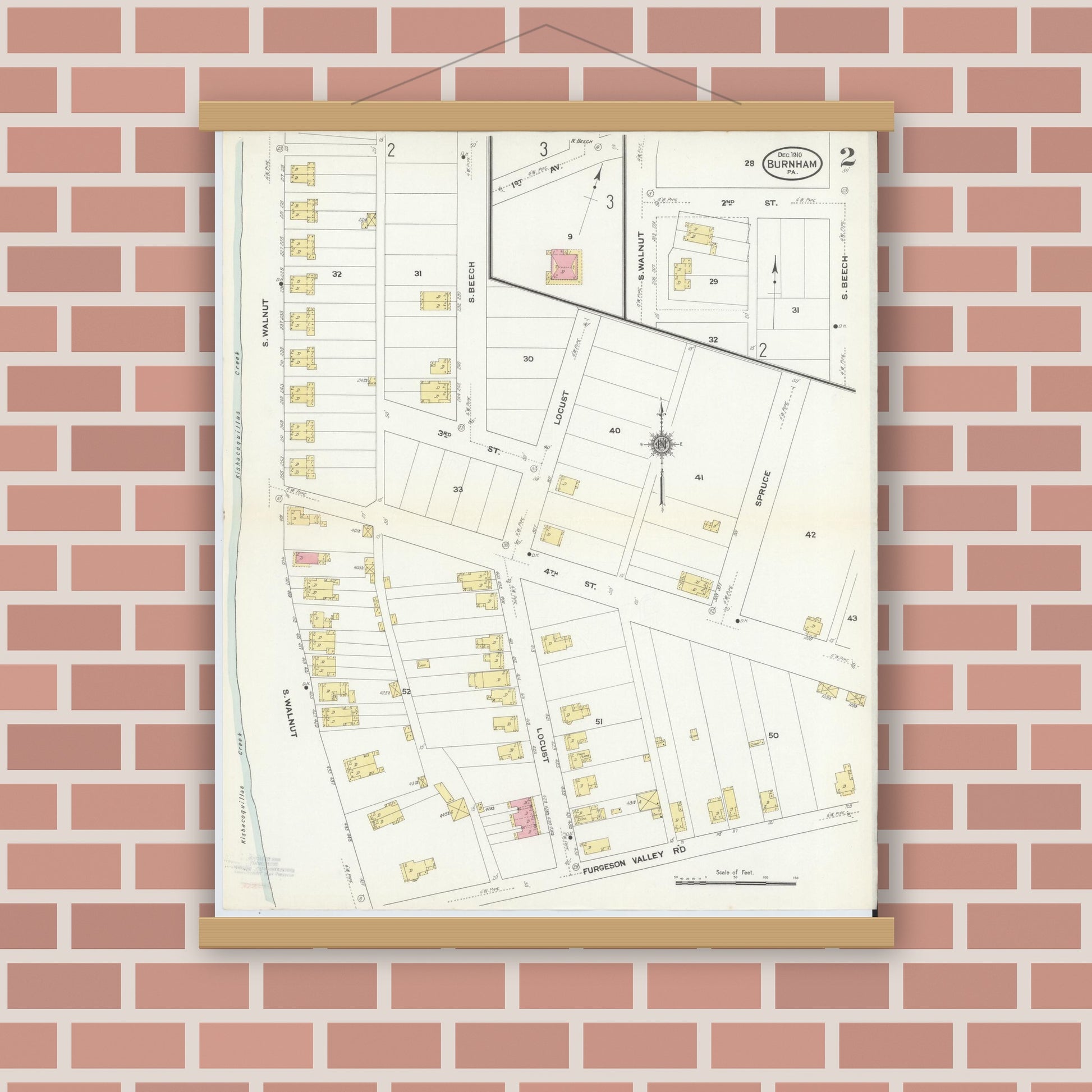 Old map wall art mockup — magnetic wood frame on brick wall — Sanborn Fire Insurance Map from Burnham, Mifflin County, Pennsylvania (1910), Sheet #0002