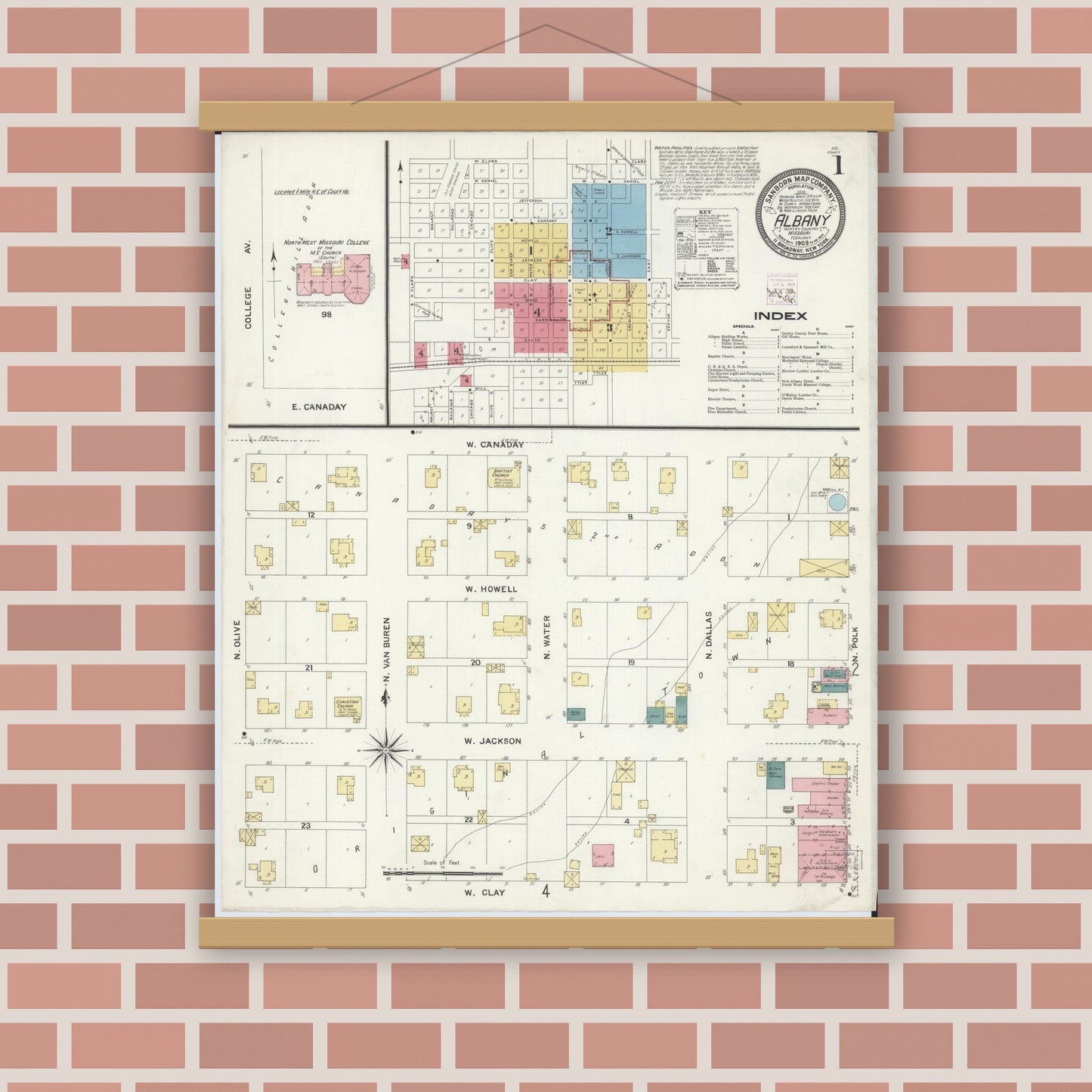 Old map wall art mockup — magnetic wood frame on brick wall — Sanborn Fire Insurance Map from Albany, Gentry County, Missouri (1909) - Complete Map Set