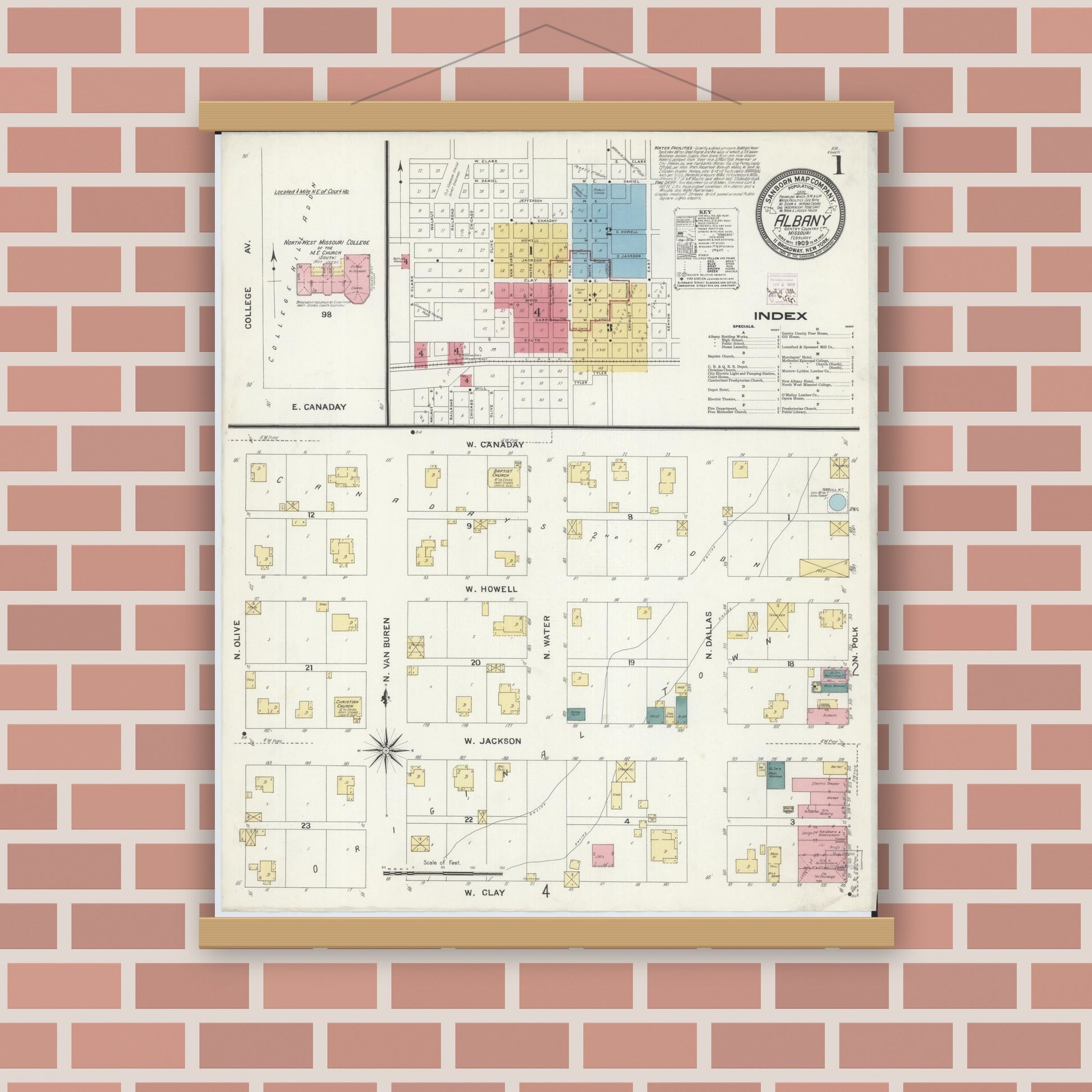 Old map wall art mockup — magnetic wood frame on brick wall — Sanborn Fire Insurance Map from Albany, Gentry County, Missouri (1909) - Complete Map Set