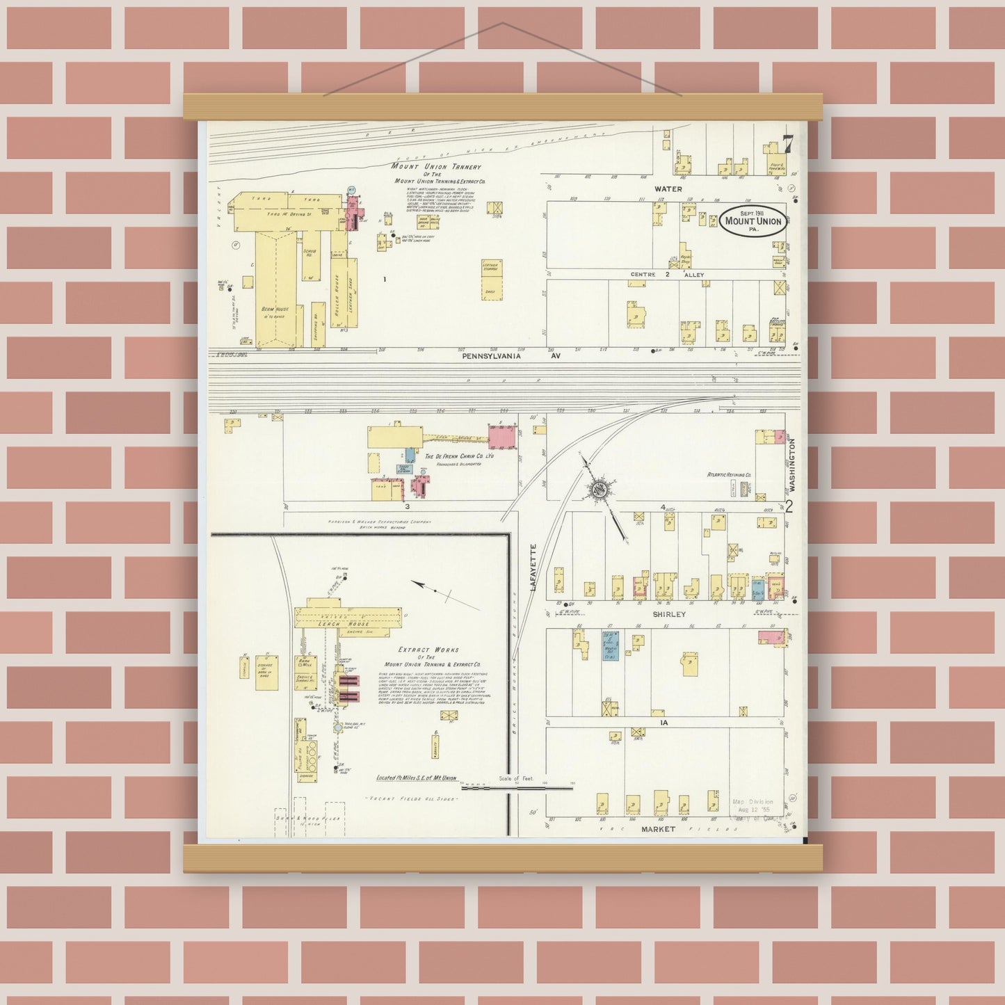 Old map wall art mockup — magnetic wood frame on brick wall — Sanborn Fire Insurance Map from Mount Union, Huntingdon County, Pennsylvania (1911), Sheet #0007