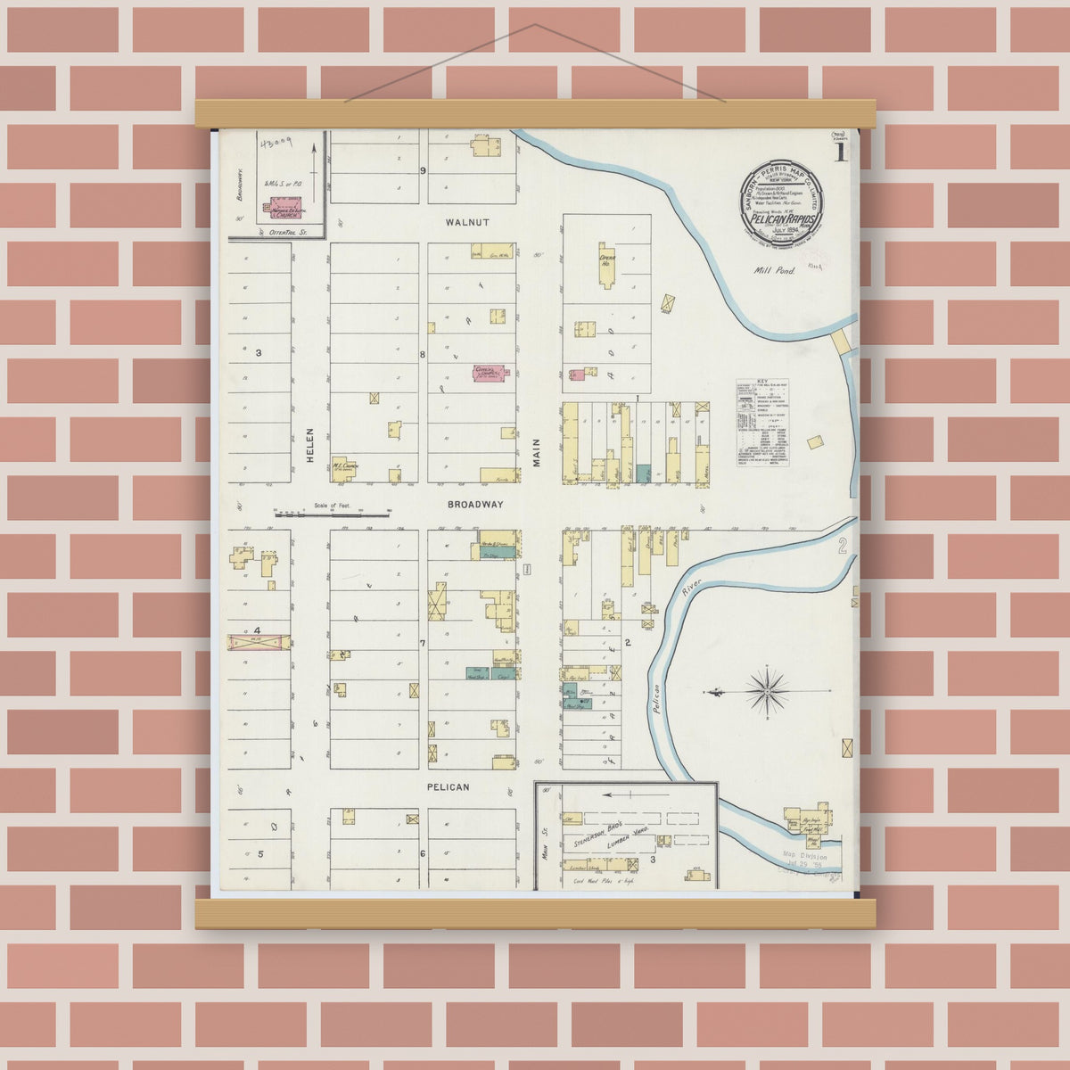 Old map wall art mockup — magnetic wood frame on brick wall — Sanborn Fire Insurance Map from Pelican Rapids, Otter Tail County, Minnesota (1894) - Complete Map Set