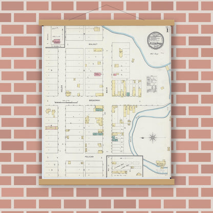 Old map wall art mockup — magnetic wood frame on brick wall — Sanborn Fire Insurance Map from Pelican Rapids, Otter Tail County, Minnesota (1894) - Complete Map Set