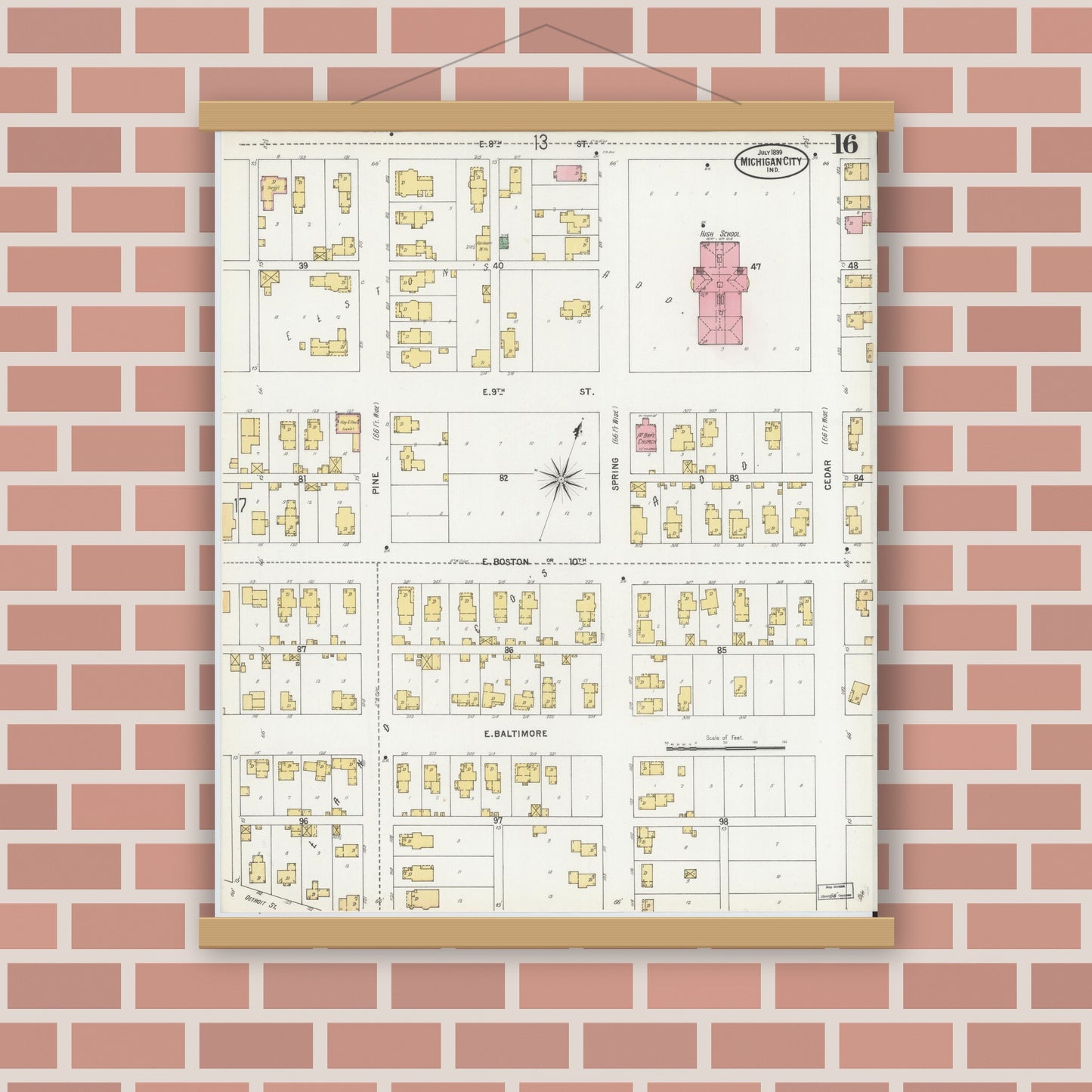 Old map wall art mockup — magnetic wood frame on brick wall — Sanborn Fire Insurance Map from Michigan City, La Porte County, Indiana (1899), Sheet #0016
