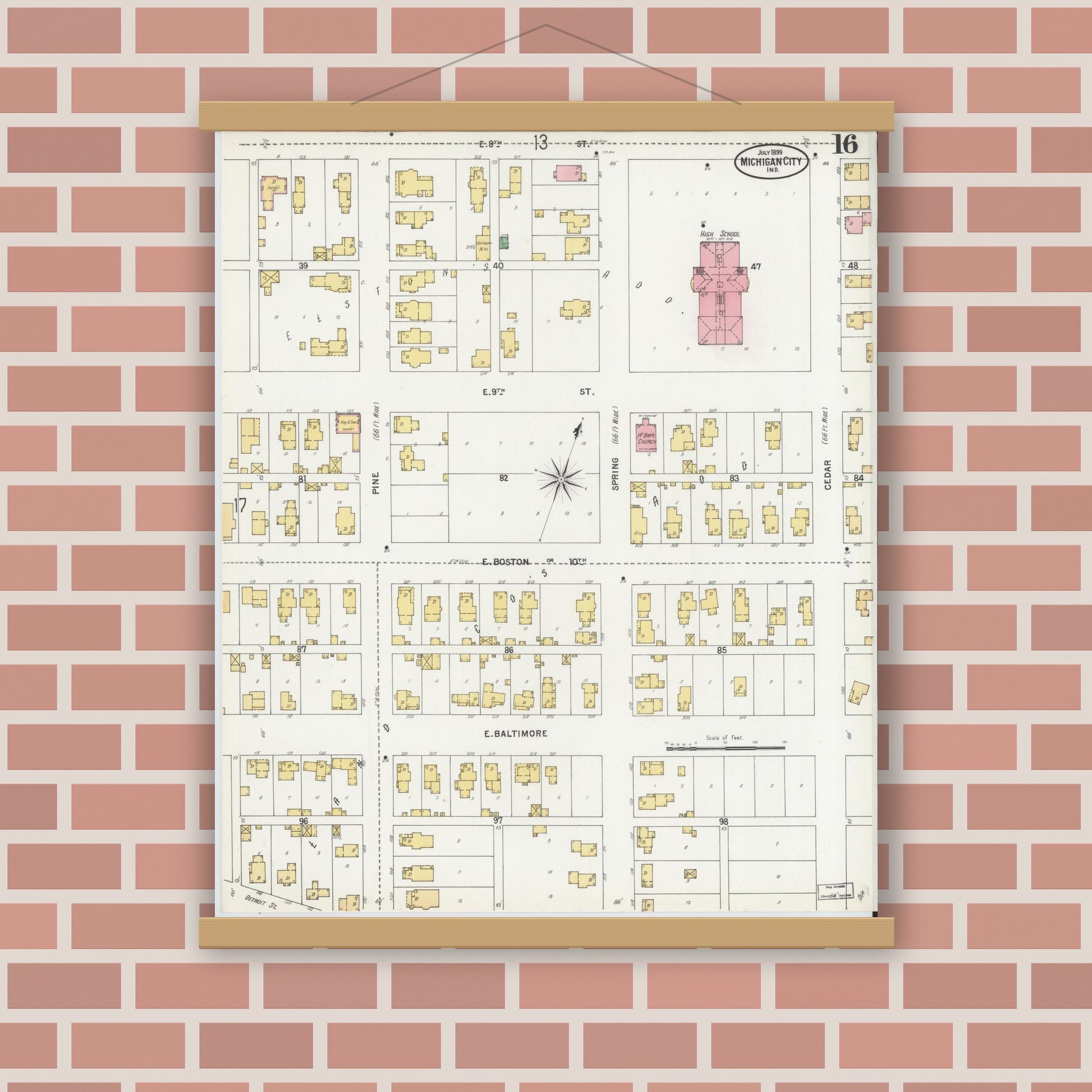 Old map wall art mockup — magnetic wood frame on brick wall — Sanborn Fire Insurance Map from Michigan City, La Porte County, Indiana (1899), Sheet #0016