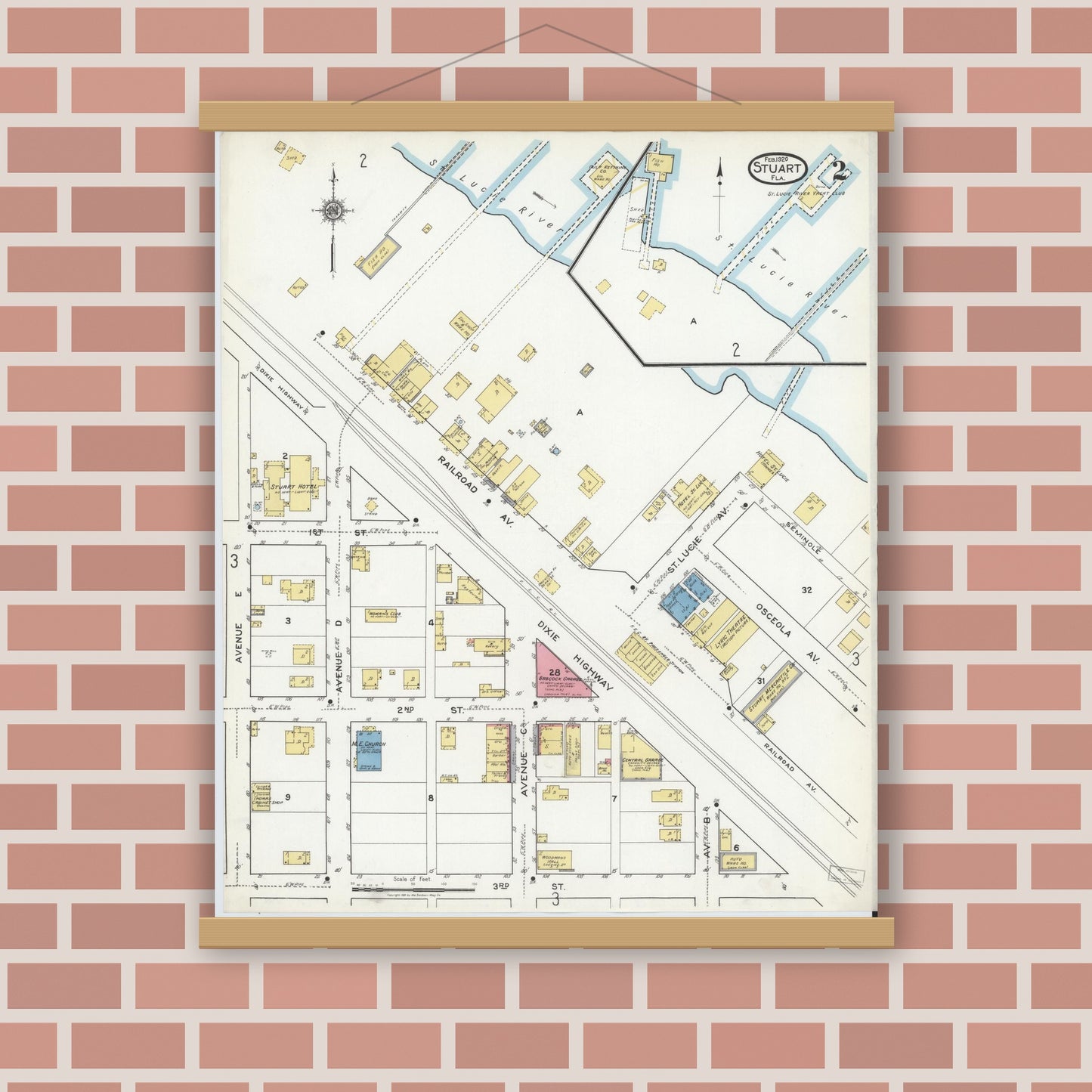 Old map wall art mockup — magnetic wood frame on brick wall — Sanborn Fire Insurance Map from Stuart, Martin County, Florida (1920), Sheet #0002