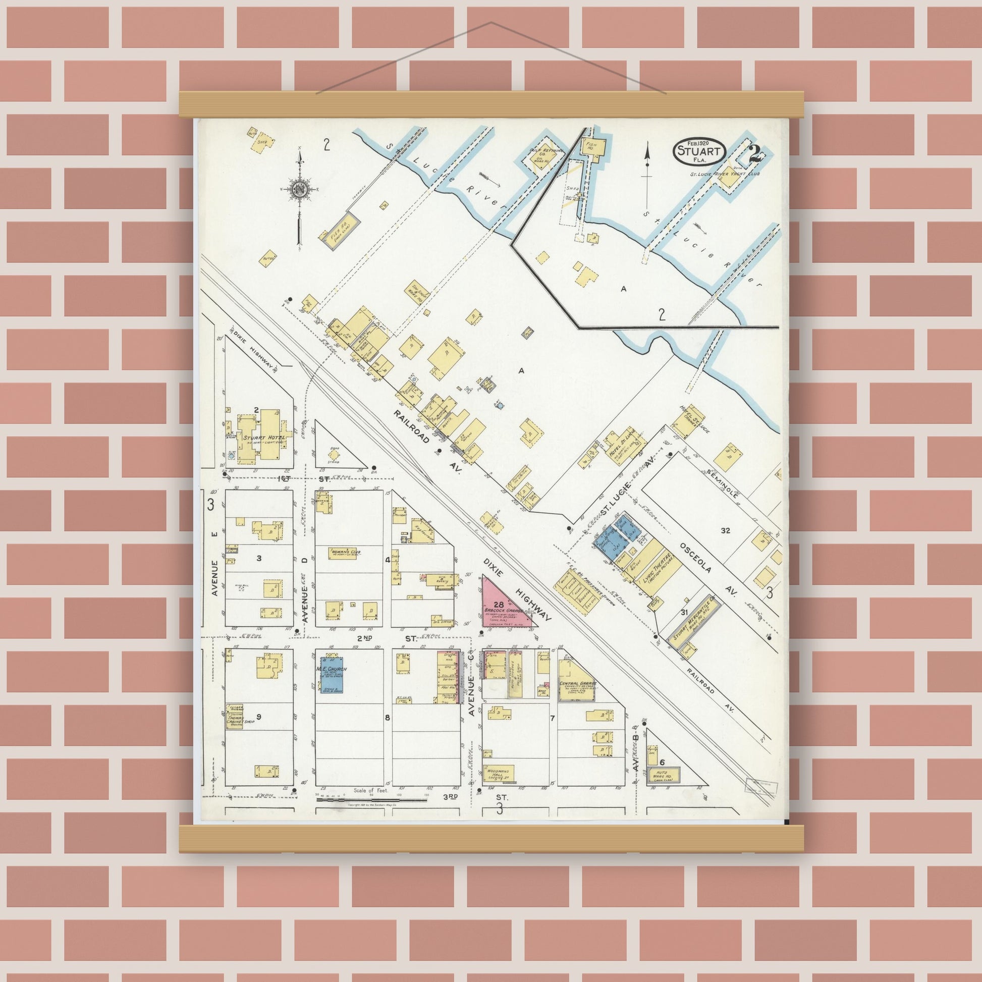 Old map wall art mockup — magnetic wood frame on brick wall — Sanborn Fire Insurance Map from Stuart, Martin County, Florida (1920), Sheet #0002