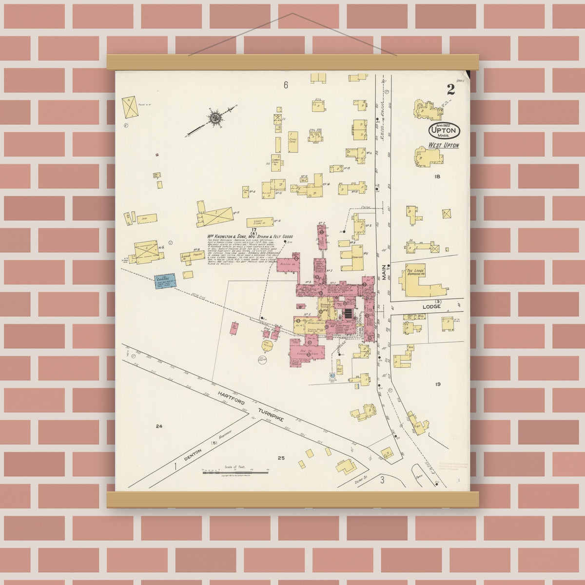 Old map wall art mockup — magnetic wood frame on brick wall — Sanborn Fire Insurance Map from Upton, Worcester County, Massachusetts (1922), Sheet #0002