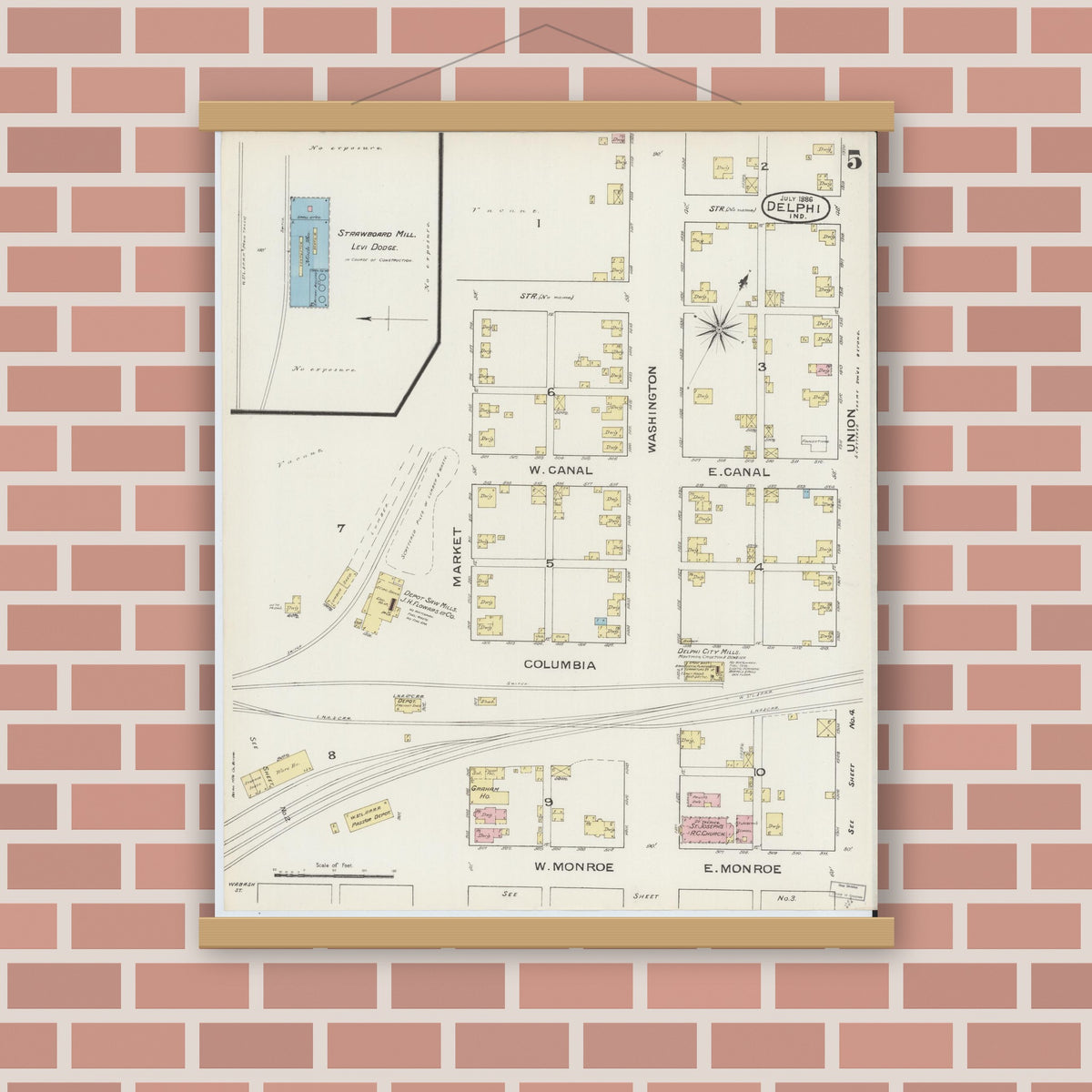 Old map wall art mockup — magnetic wood frame on brick wall — Sanborn Fire Insurance Map from Delphi, Carroll County, Indiana (1886), Sheet #0005