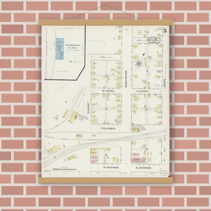 Old map wall art mockup — magnetic wood frame on brick wall — Sanborn Fire Insurance Map from Delphi, Carroll County, Indiana (1886), Sheet #0005