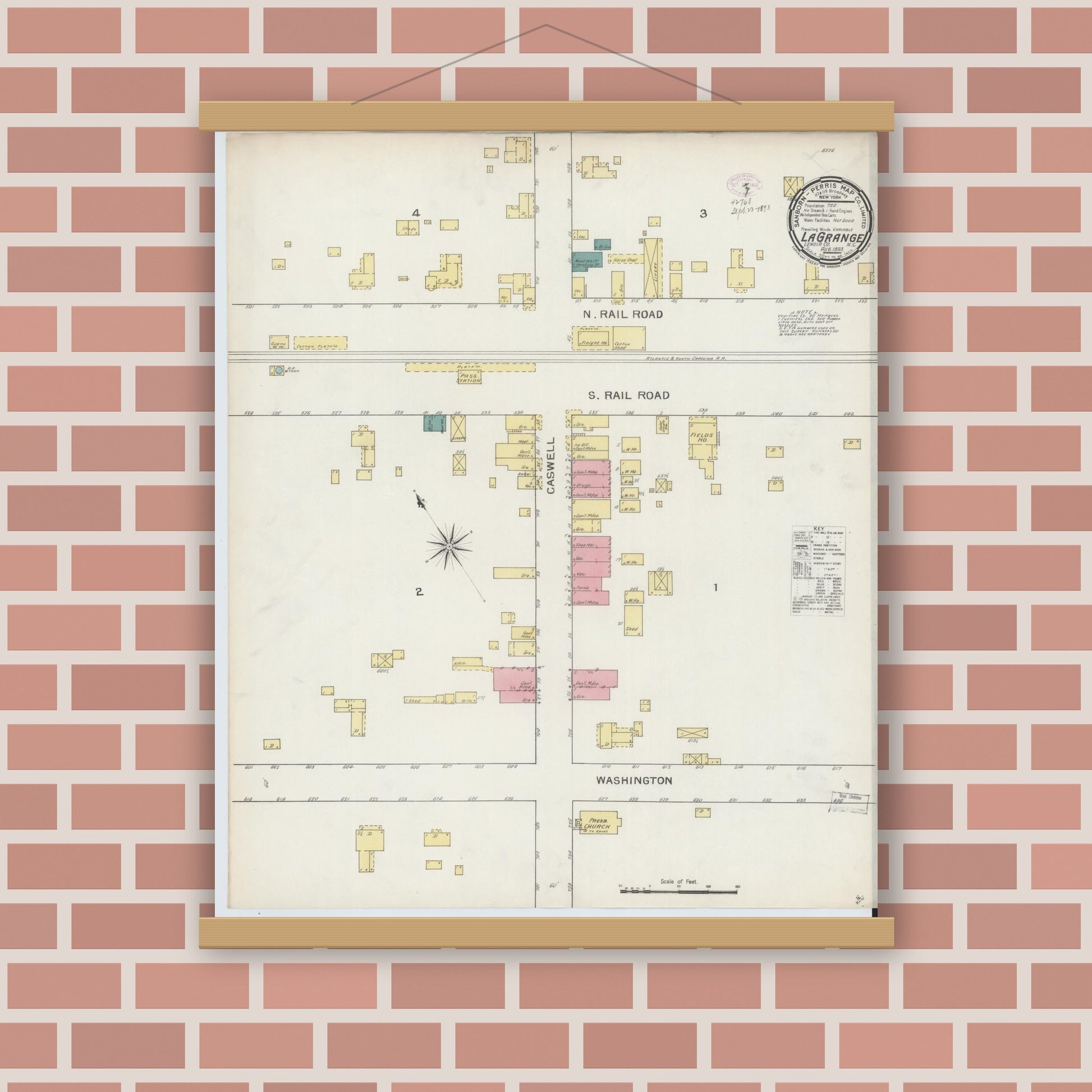 Old map wall art mockup — magnetic wood frame on brick wall — Sanborn Fire Insurance Map from La Grange, Lenoir County, North Carolina (1893), Sheet #0001