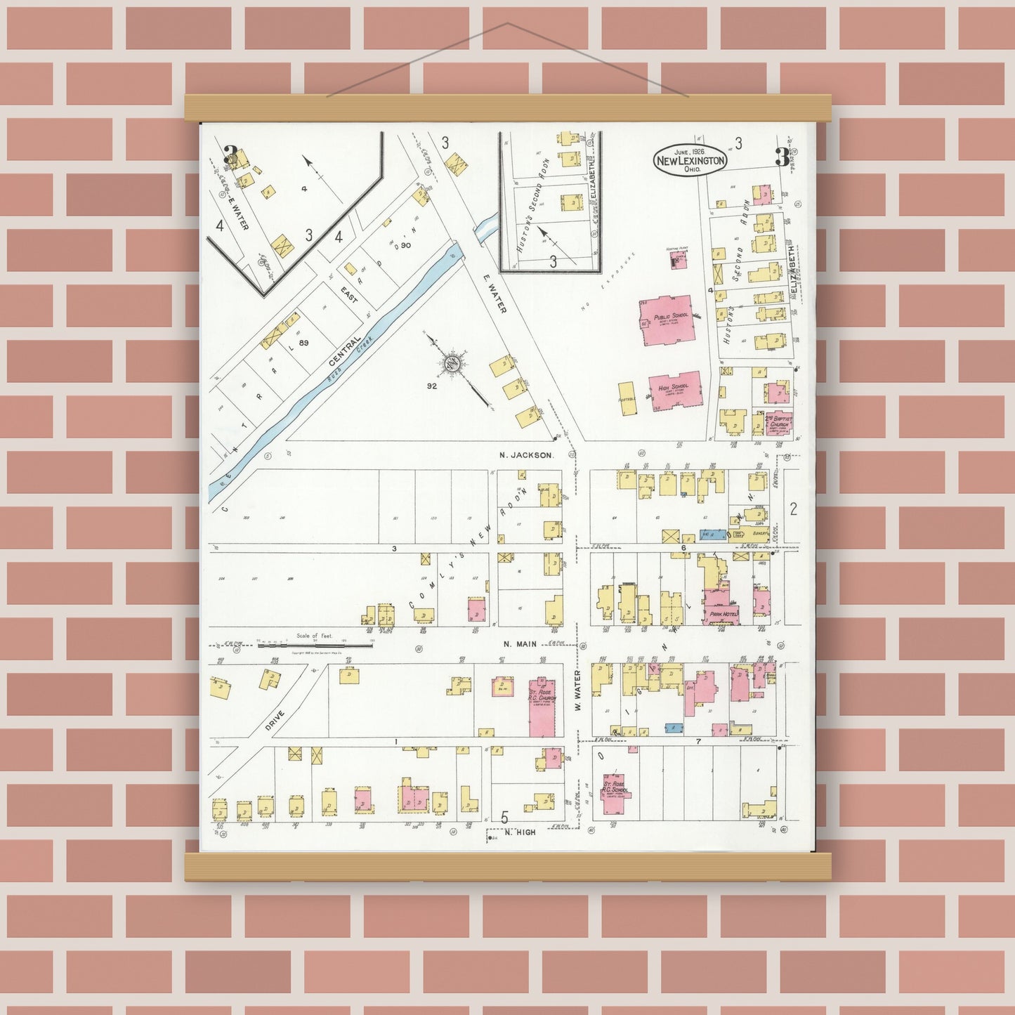Old map wall art mockup — magnetic wood frame on brick wall — Sanborn Fire Insurance Map from New Lexington, Perry County, Ohio (1926), Sheet #0003