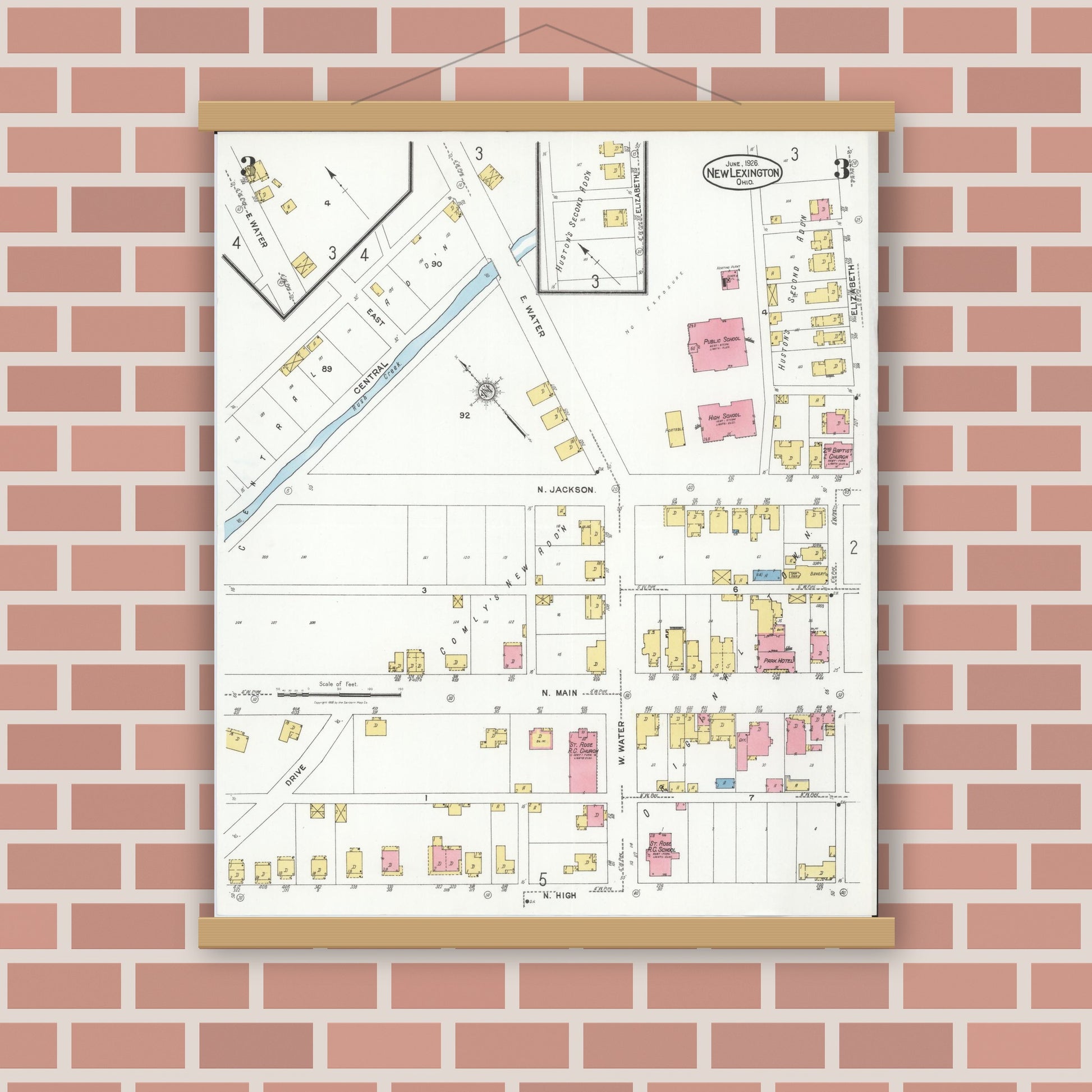 Old map wall art mockup — magnetic wood frame on brick wall — Sanborn Fire Insurance Map from New Lexington, Perry County, Ohio (1926), Sheet #0003