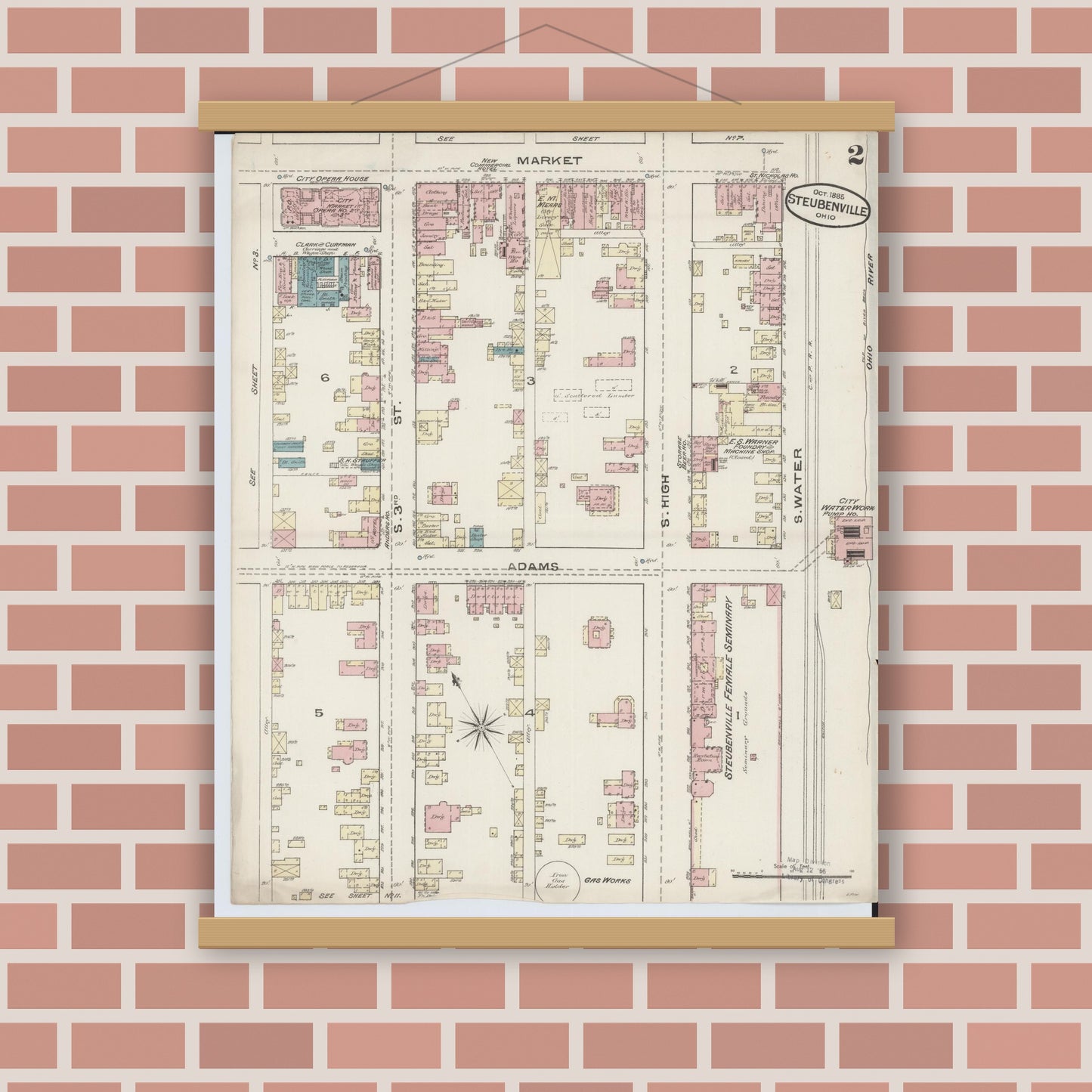 Old map wall art mockup — magnetic wood frame on brick wall — Sanborn Fire Insurance Map from Steubenville, Jefferson County, Ohio (1885), Sheet #0002
