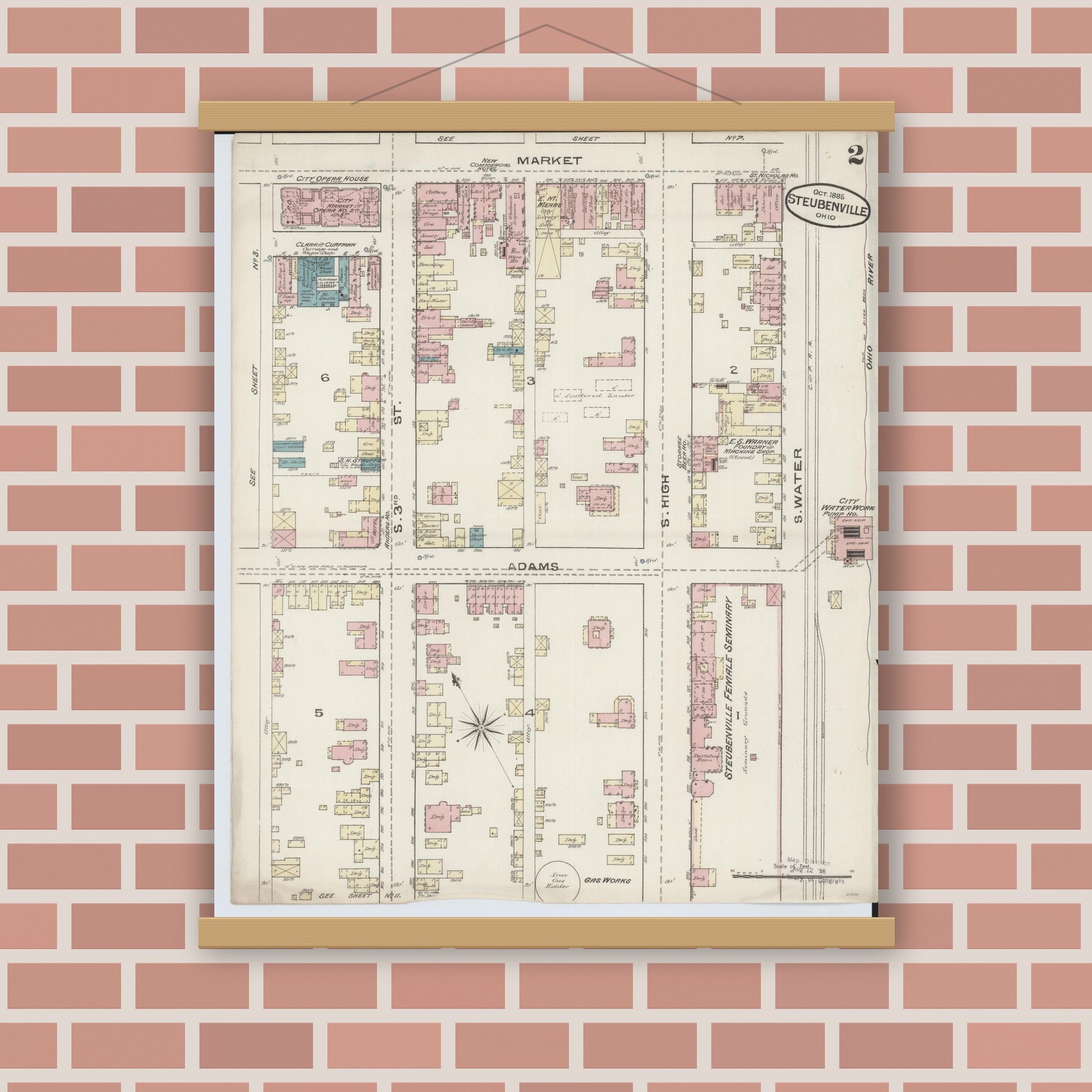 Old map wall art mockup — magnetic wood frame on brick wall — Sanborn Fire Insurance Map from Steubenville, Jefferson County, Ohio (1885), Sheet #0002