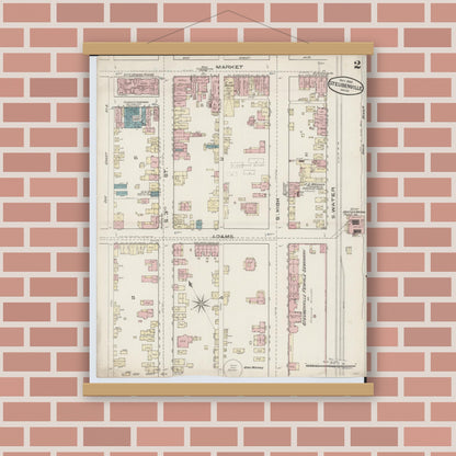Old map wall art mockup — magnetic wood frame on brick wall — Sanborn Fire Insurance Map from Steubenville, Jefferson County, Ohio (1885), Sheet #0002