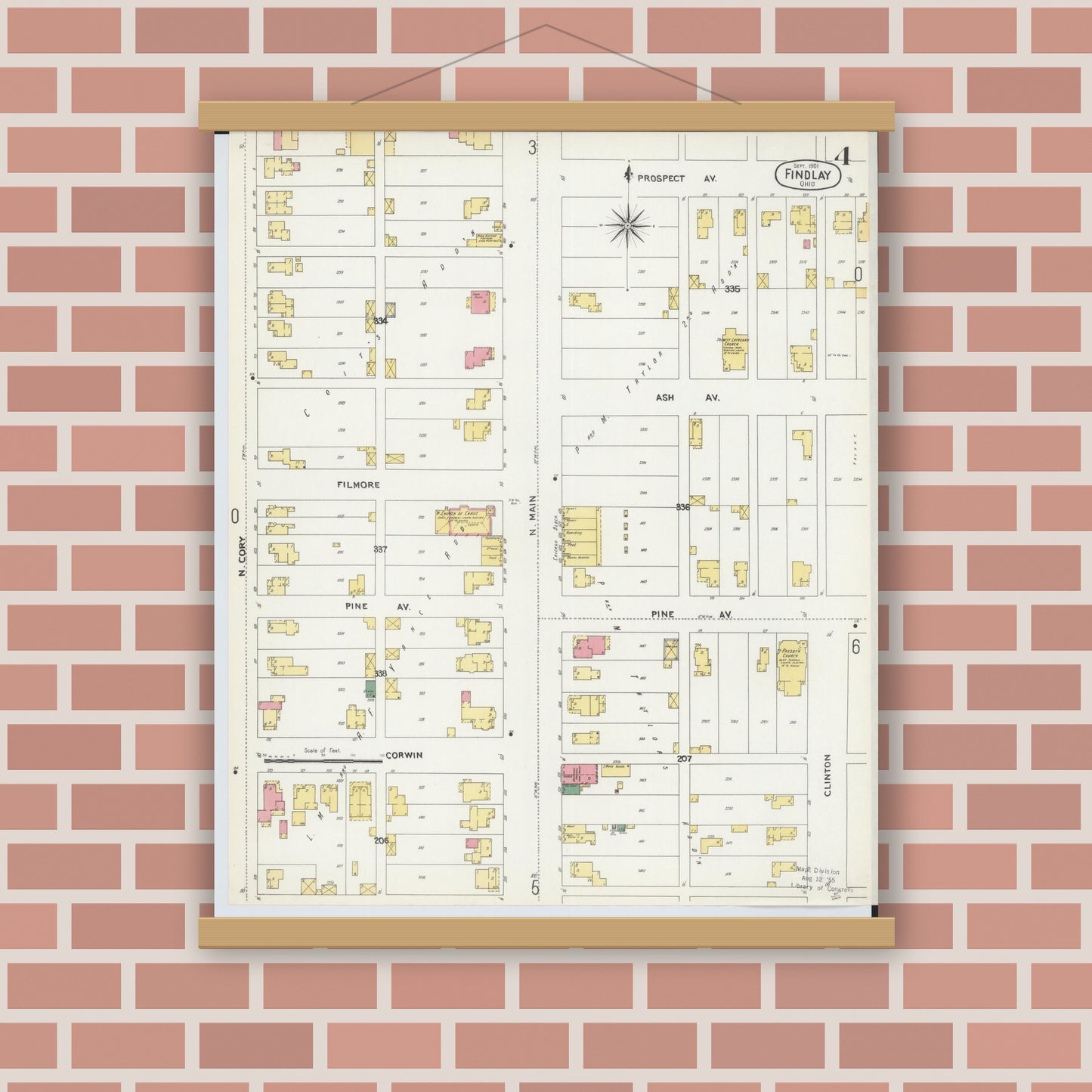 Old map wall art mockup — magnetic wood frame on brick wall — Sanborn Fire Insurance Map from Findlay, Hancock County, Ohio (1901), Sheet #0004