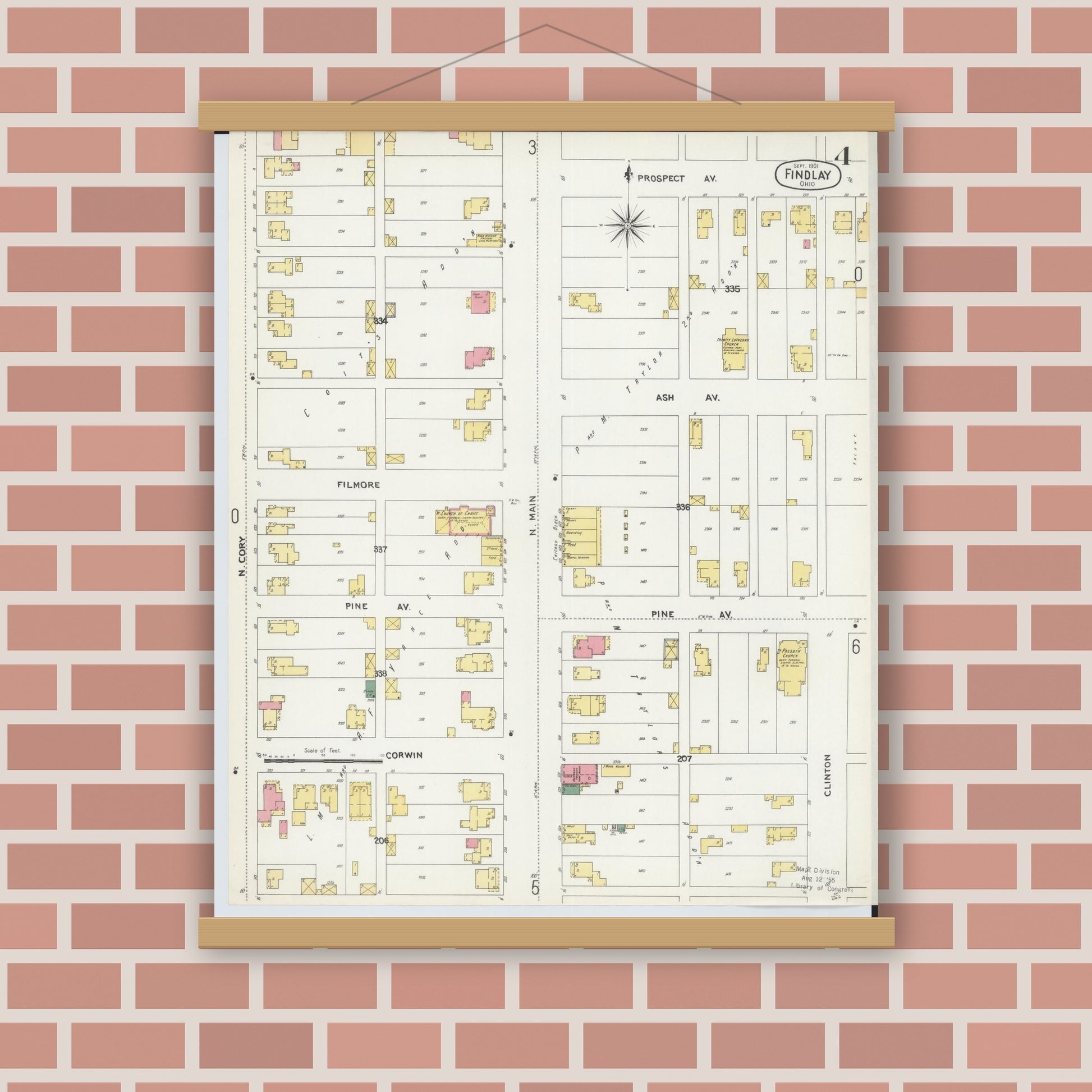 Old map wall art mockup — magnetic wood frame on brick wall — Sanborn Fire Insurance Map from Findlay, Hancock County, Ohio (1901), Sheet #0004