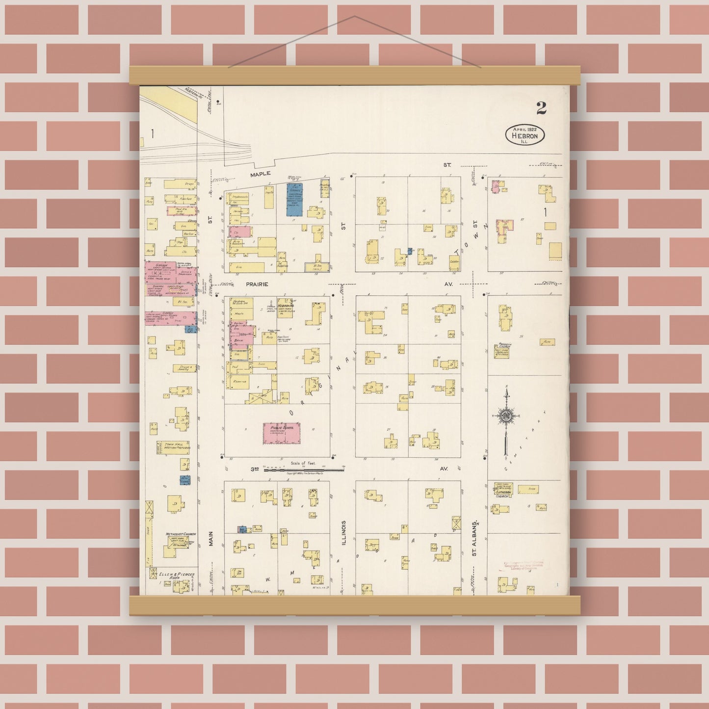 Old map wall art mockup — magnetic wood frame on brick wall — Sanborn Fire Insurance Map from Hebron, McHenry County, Illinois (1922), Sheet #0002
