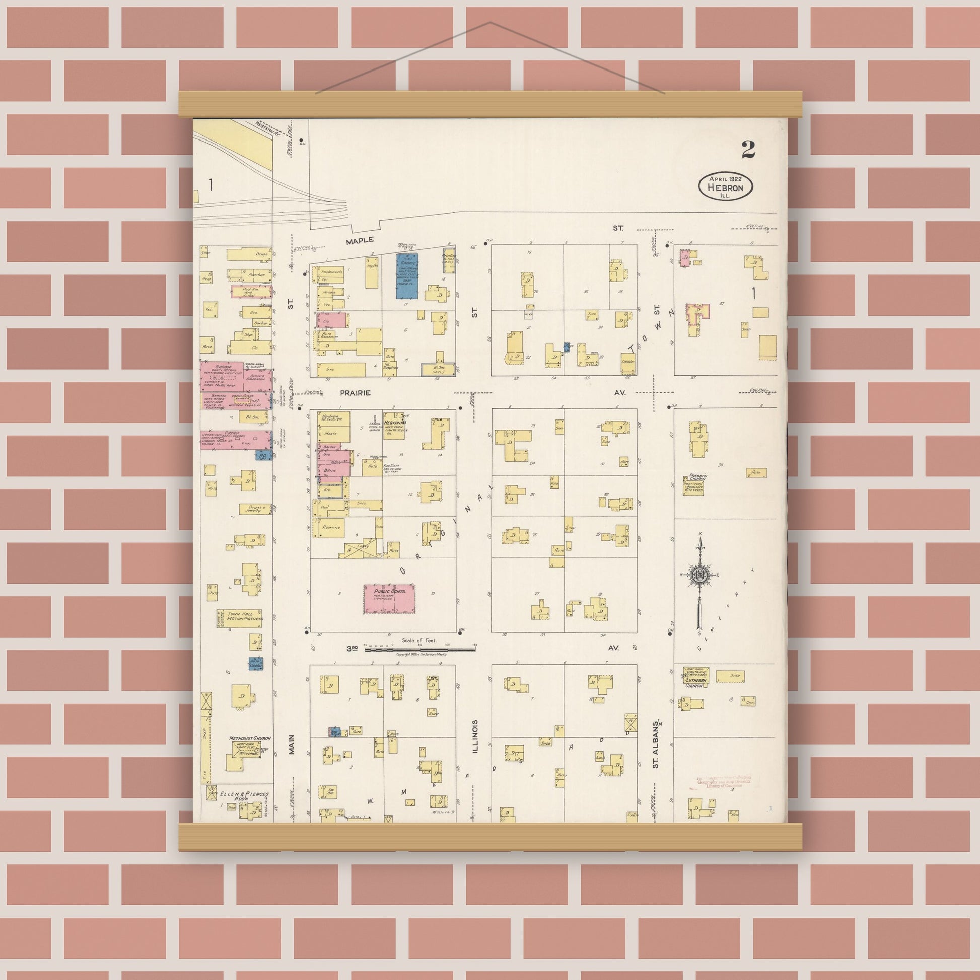 Old map wall art mockup — magnetic wood frame on brick wall — Sanborn Fire Insurance Map from Hebron, McHenry County, Illinois (1922), Sheet #0002