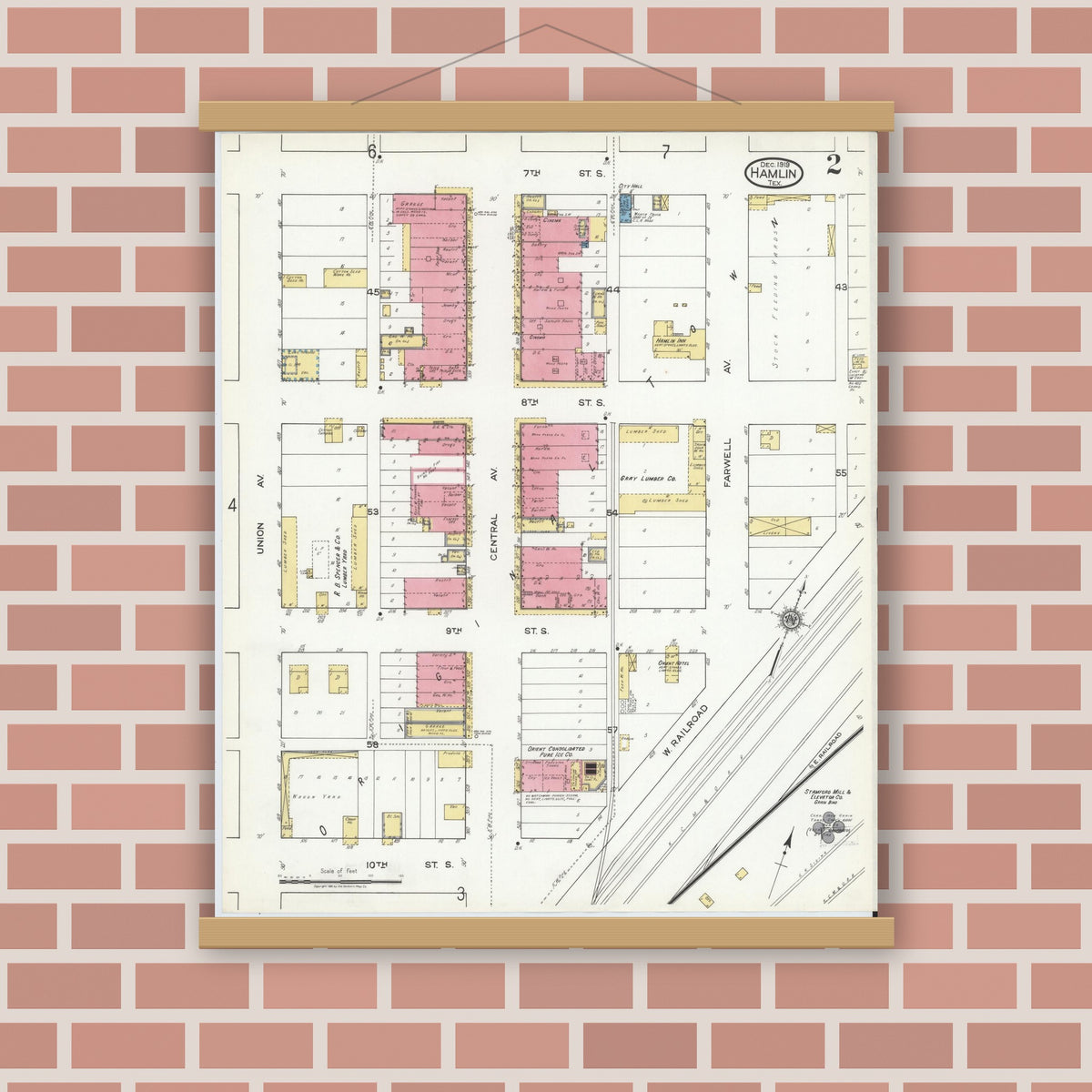 Old map wall art mockup — magnetic wood frame on brick wall — Sanborn Fire Insurance Map from Hamlin, Jones County, Texas (1919), Sheet #0002