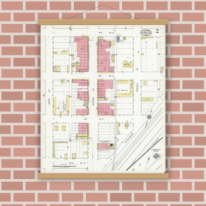 Old map wall art mockup — magnetic wood frame on brick wall — Sanborn Fire Insurance Map from Hamlin, Jones County, Texas (1919), Sheet #0002