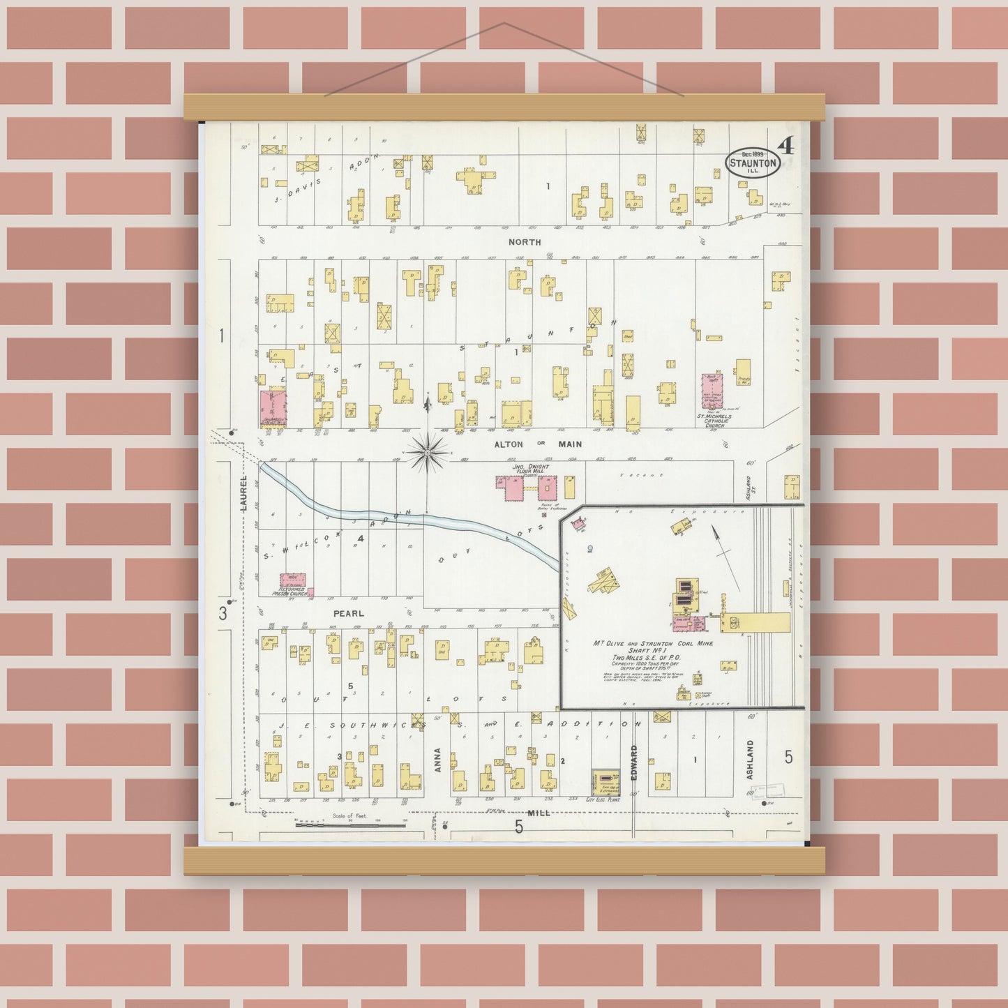 Old map wall art mockup — magnetic wood frame on brick wall — Sanborn Fire Insurance Map from Staunton, Macoupin County, Illinois (1899), Sheet #0004