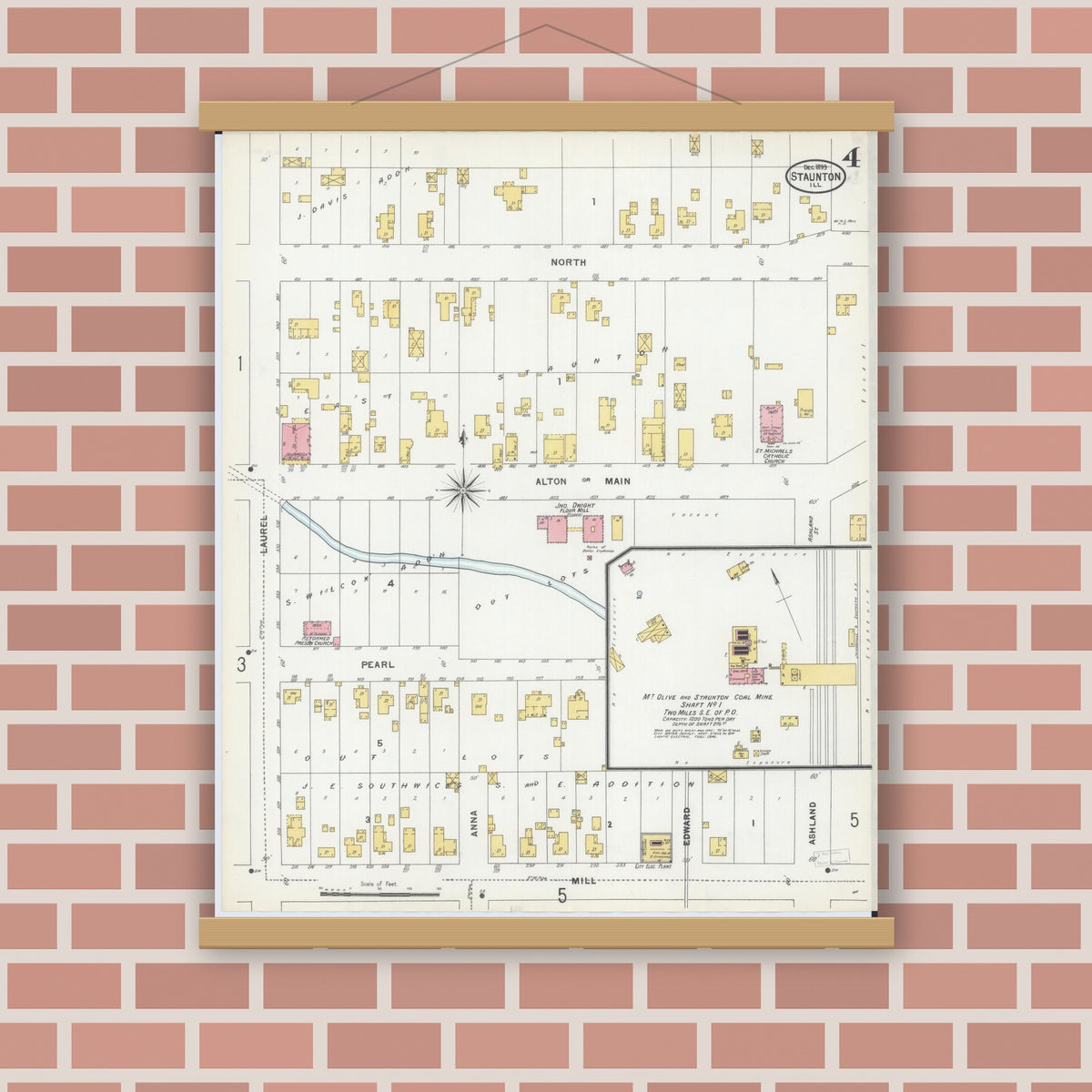Old map wall art mockup — magnetic wood frame on brick wall — Sanborn Fire Insurance Map from Staunton, Macoupin County, Illinois (1899), Sheet #0004