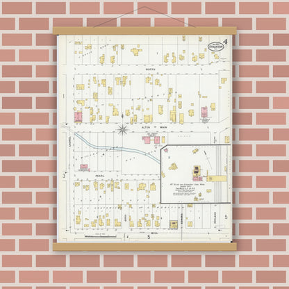 Old map wall art mockup — magnetic wood frame on brick wall — Sanborn Fire Insurance Map from Staunton, Macoupin County, Illinois (1899), Sheet #0004