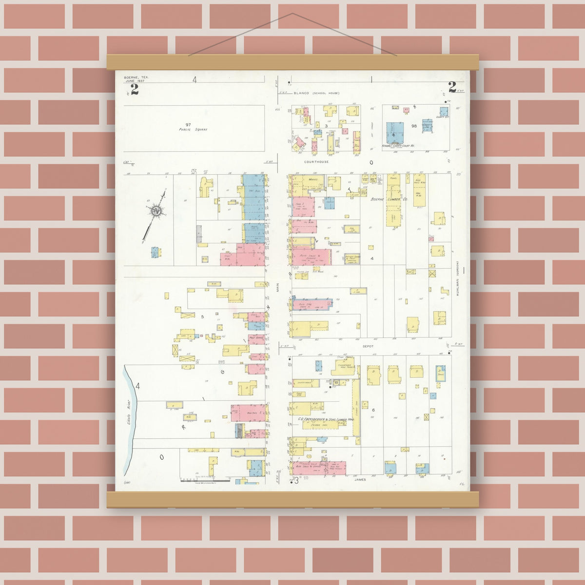 Old map wall art mockup — magnetic wood frame on brick wall — Sanborn Fire Insurance Map from Boerne, Kendall County, Texas (1937), Sheet #0002