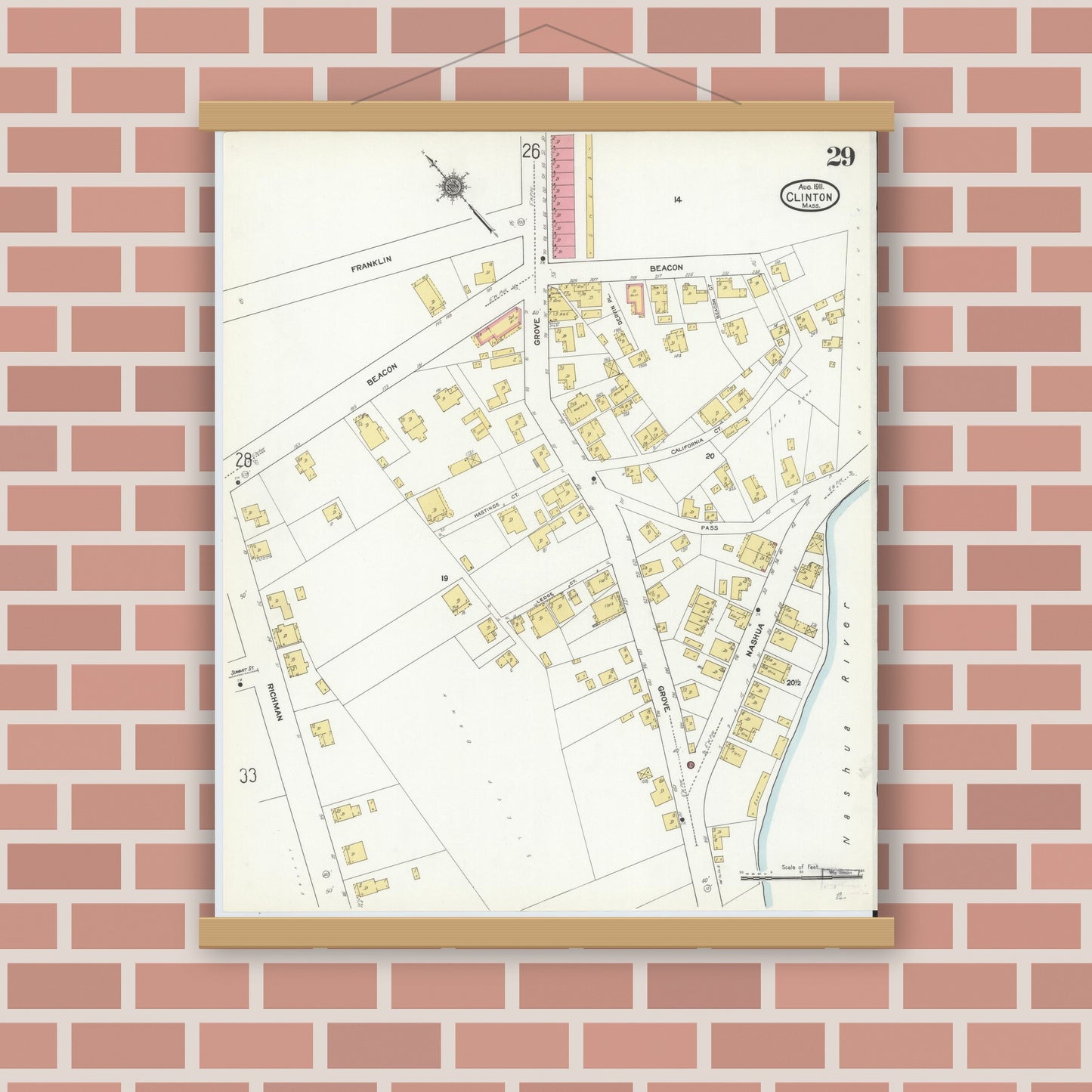 Old map wall art mockup — magnetic wood frame on brick wall — Sanborn Fire Insurance Map from Clinton, Worcester County, Massachusetts (1911), Sheet #0029