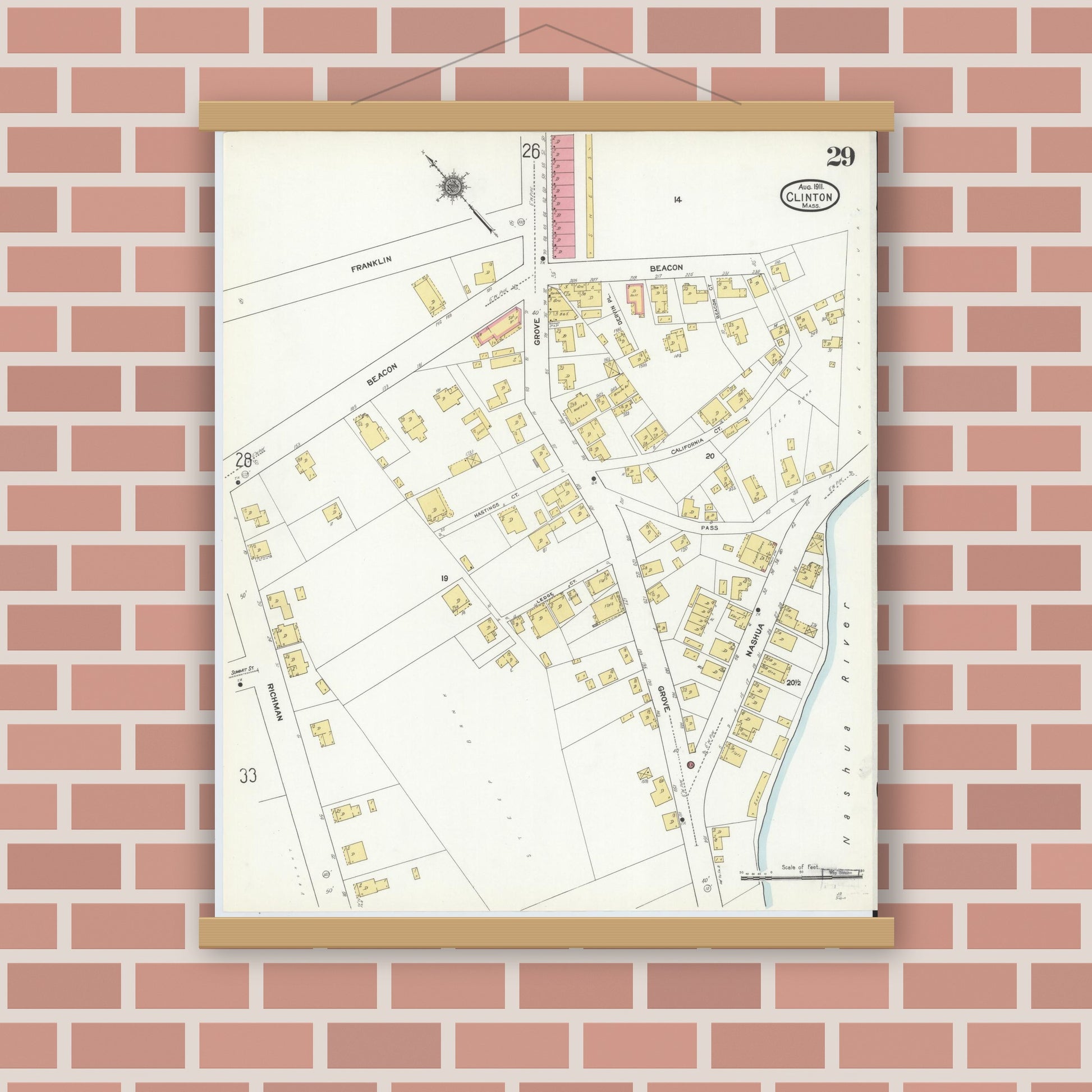 Old map wall art mockup — magnetic wood frame on brick wall — Sanborn Fire Insurance Map from Clinton, Worcester County, Massachusetts (1911), Sheet #0029