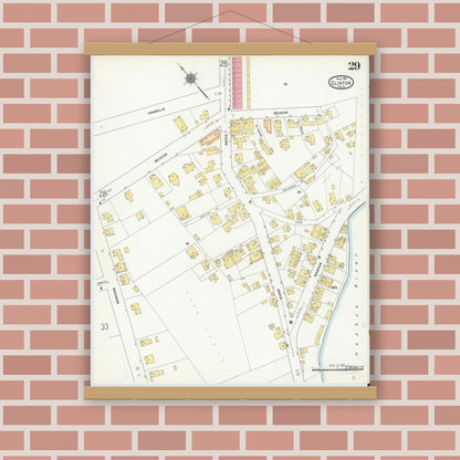 Old map wall art mockup — magnetic wood frame on brick wall — Sanborn Fire Insurance Map from Clinton, Worcester County, Massachusetts (1911), Sheet #0029