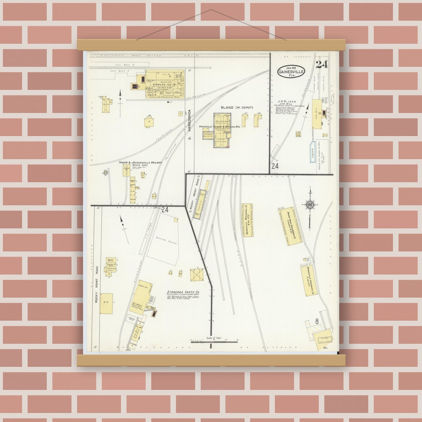 Old map wall art mockup — magnetic wood frame on brick wall — Sanborn Fire Insurance Map from Gainesville, Alachua County, Florida (1913), Sheet #0024