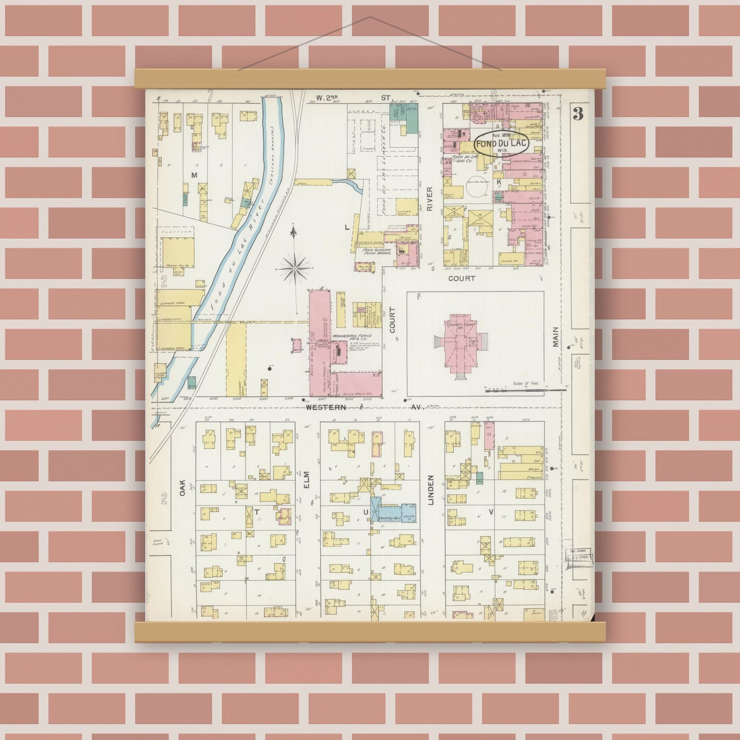 Old map wall art mockup — magnetic wood frame on brick wall — Sanborn Fire Insurance Map from Fond du Lac, Fond du Lac County, Wisconsin (1892), Sheet #0003