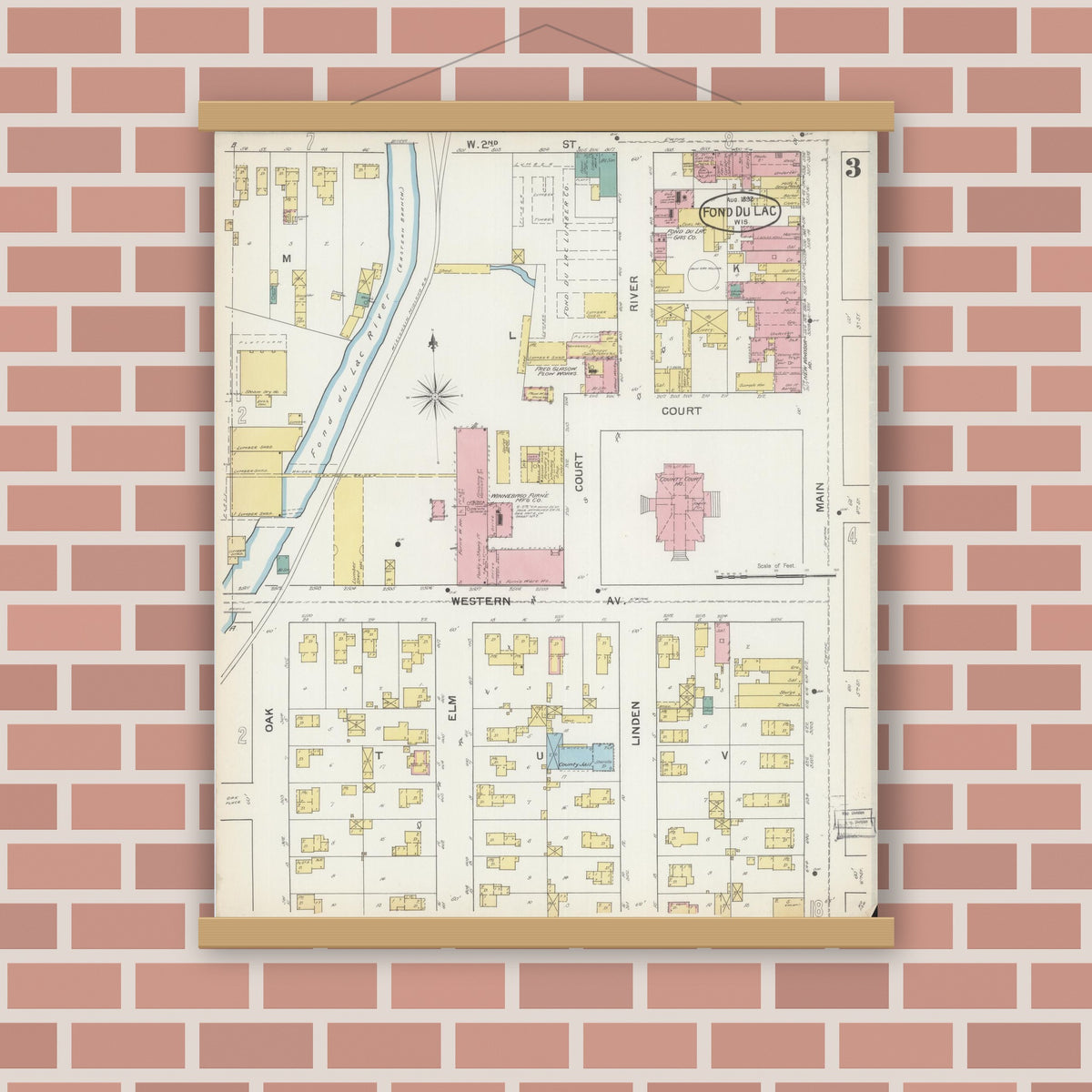 Old map wall art mockup — magnetic wood frame on brick wall — Sanborn Fire Insurance Map from Fond du Lac, Fond du Lac County, Wisconsin (1892), Sheet #0003