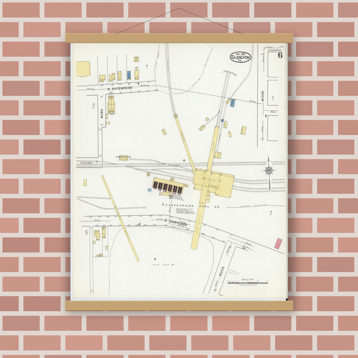 Old map wall art mockup — magnetic wood frame on brick wall — Sanborn Fire Insurance Map from Glen Lyon, Luzerne County, Pennsylvania (1921), Sheet #0006