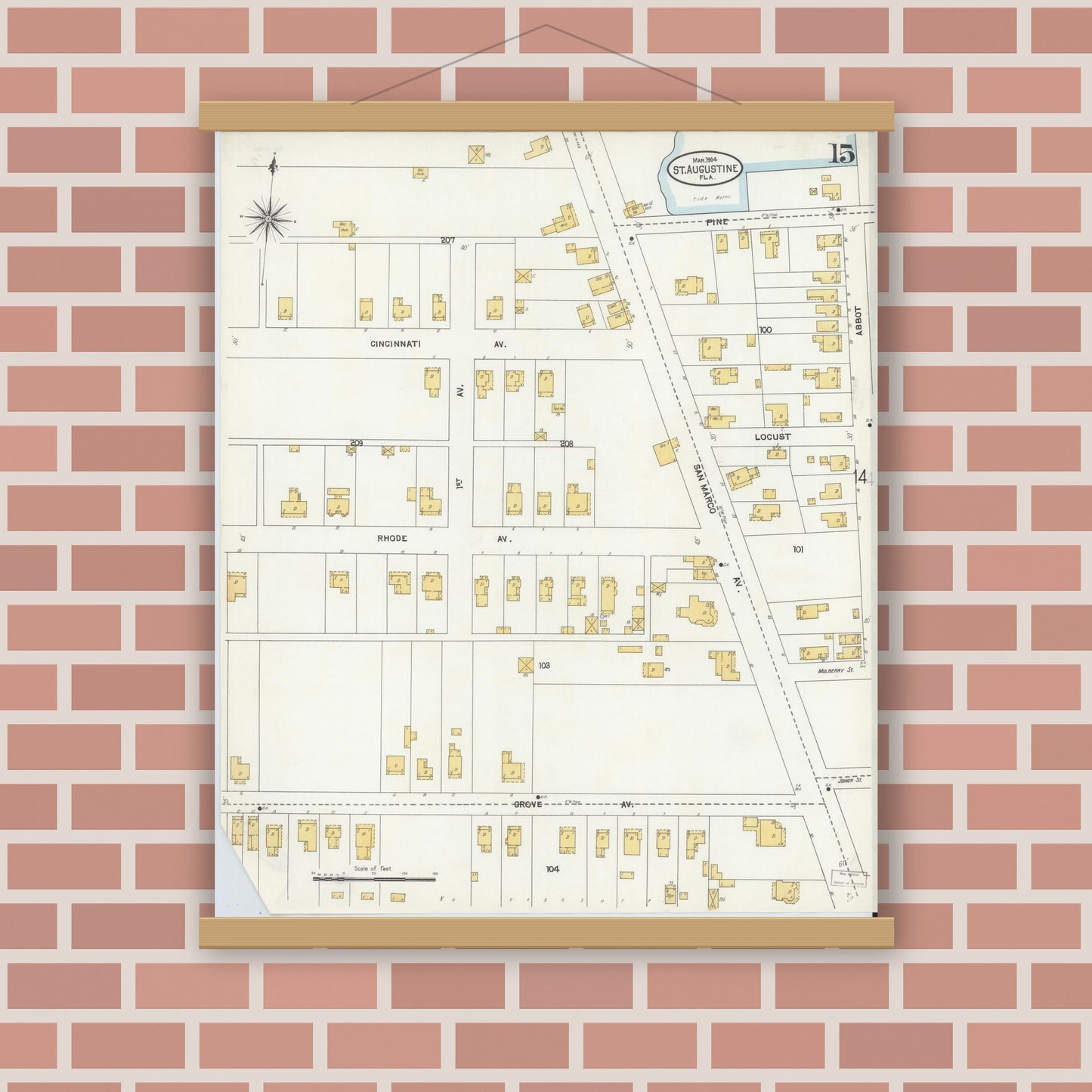 Old map wall art mockup — magnetic wood frame on brick wall — Sanborn Fire Insurance Map from Saint Augustine, Saint John's County, Florida (1904), Sheet #0015