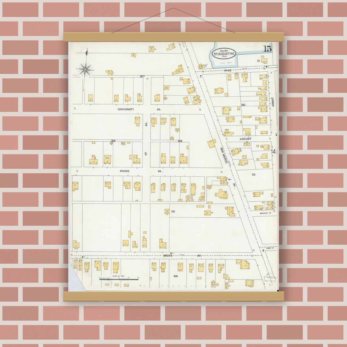 Old map wall art mockup — magnetic wood frame on brick wall — Sanborn Fire Insurance Map from Saint Augustine, Saint John's County, Florida (1904), Sheet #0015