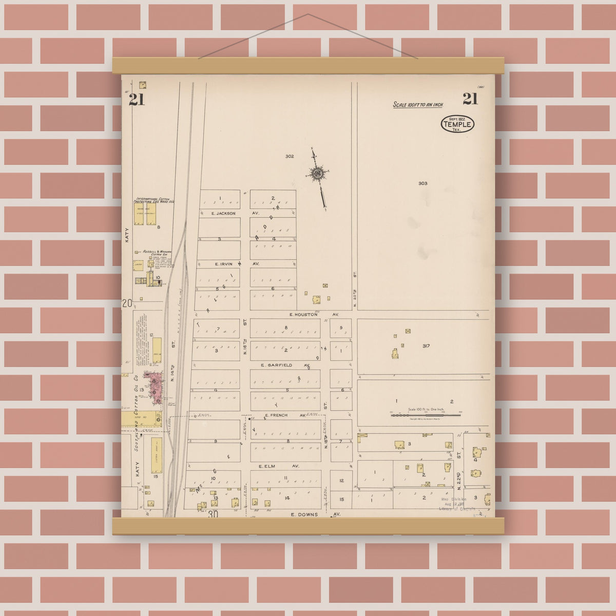 Old map wall art mockup — magnetic wood frame on brick wall — Sanborn Fire Insurance Map from Temple, Bell County, Texas (1922), Sheet #0021