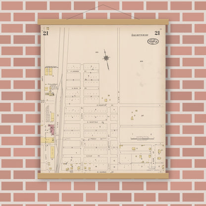 Old map wall art mockup — magnetic wood frame on brick wall — Sanborn Fire Insurance Map from Temple, Bell County, Texas (1922), Sheet #0021