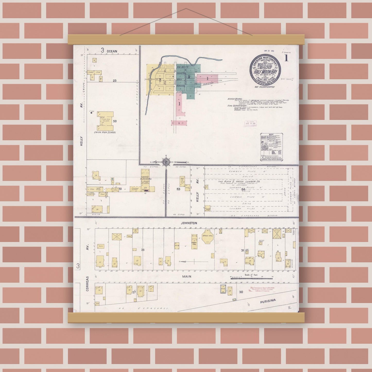 Old map wall art mockup — magnetic wood frame on brick wall — Sanborn Fire Insurance Map from Half Moon Bay, San Mateo County, California (1911), Sheet #0001