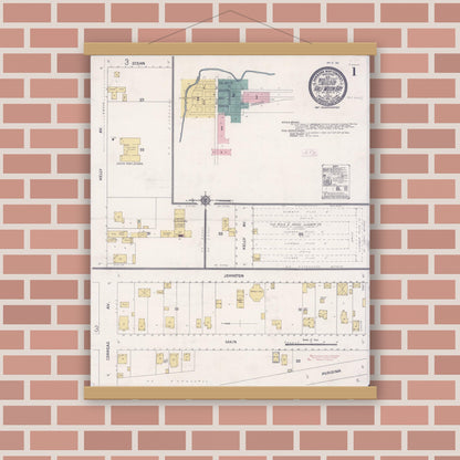 Old map wall art mockup — magnetic wood frame on brick wall — Sanborn Fire Insurance Map from Half Moon Bay, San Mateo County, California (1911), Sheet #0001