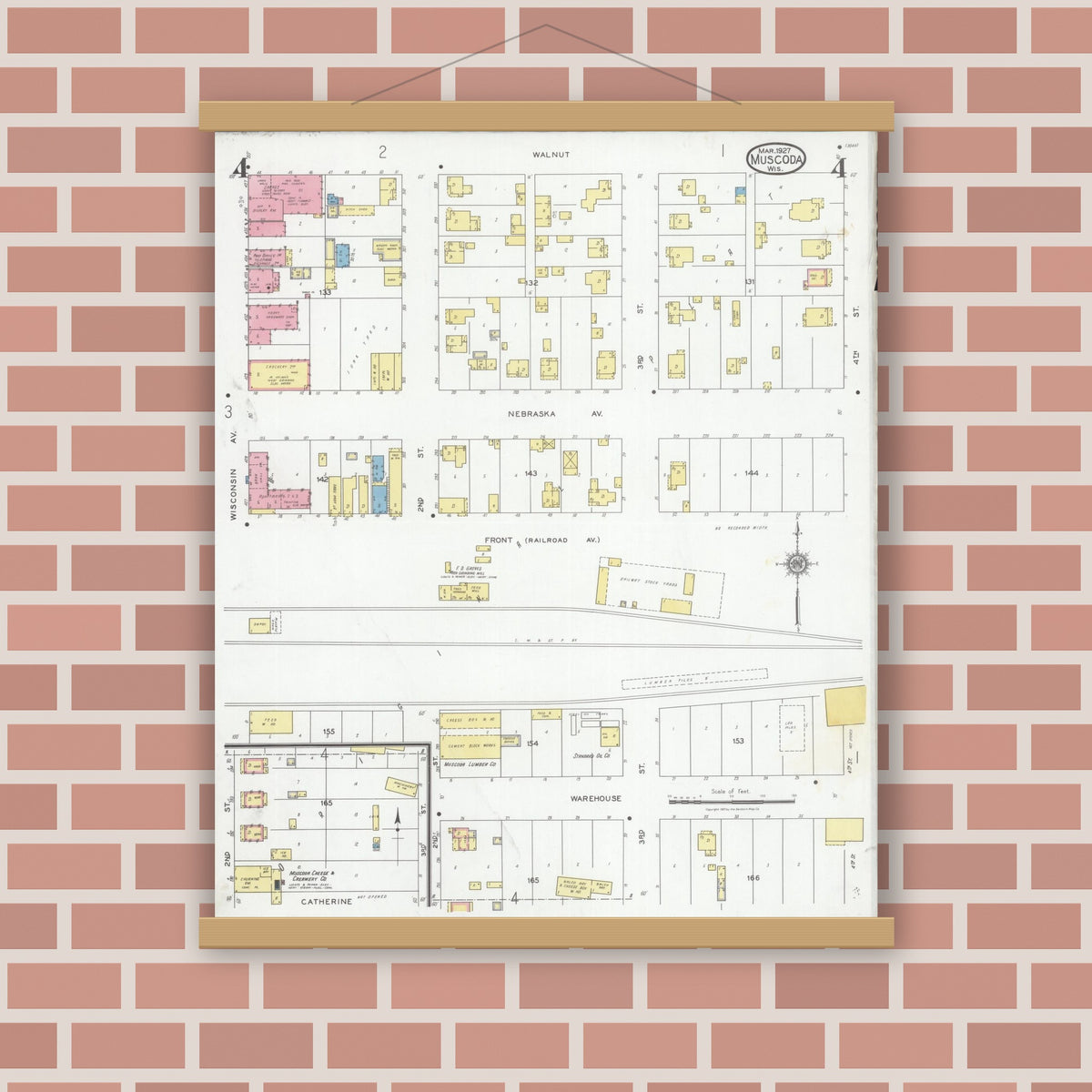 Old map wall art mockup — magnetic wood frame on brick wall — Sanborn Fire Insurance Map from Muscoda, Grant County, Wisconsin (1927), Sheet #0004