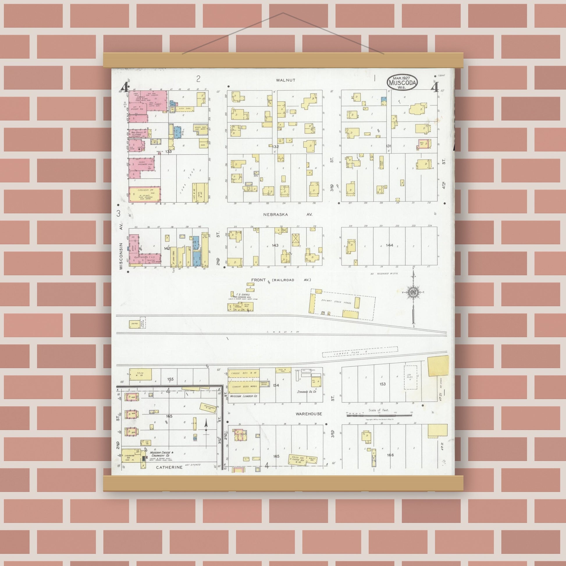 Old map wall art mockup — magnetic wood frame on brick wall — Sanborn Fire Insurance Map from Muscoda, Grant County, Wisconsin (1927), Sheet #0004