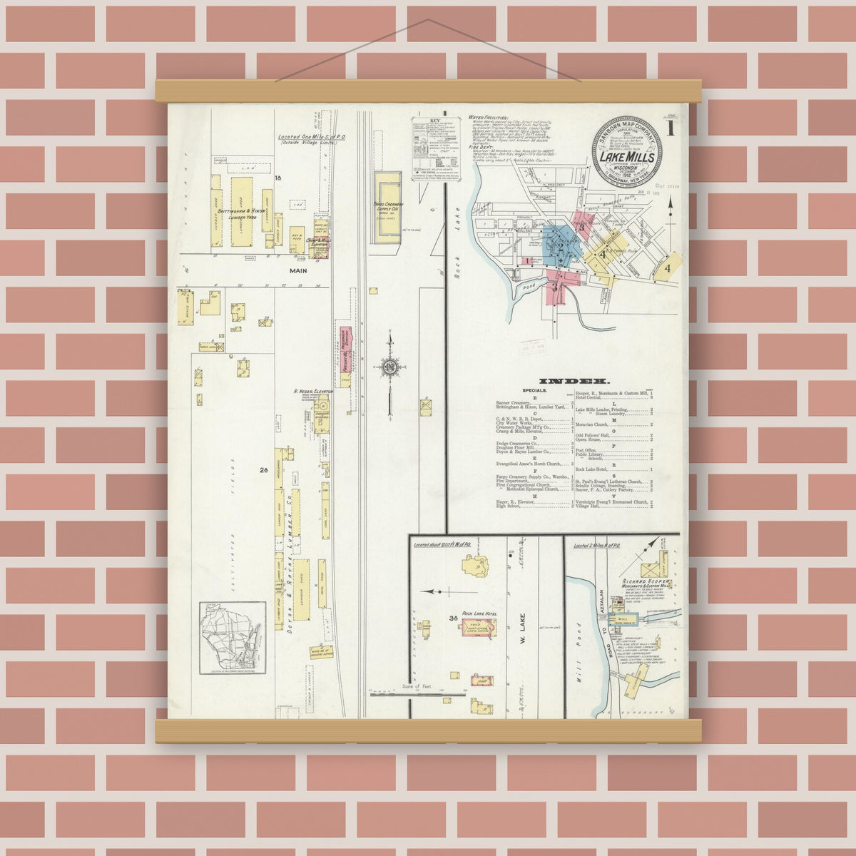 Old map wall art mockup — magnetic wood frame on brick wall — Sanborn Fire Insurance Map from Lake Mills, Jefferson County, Wisconsin (1912) - Complete Map Set