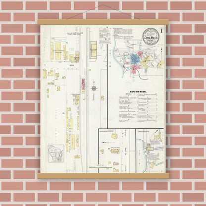Old map wall art mockup — magnetic wood frame on brick wall — Sanborn Fire Insurance Map from Lake Mills, Jefferson County, Wisconsin (1912) - Complete Map Set