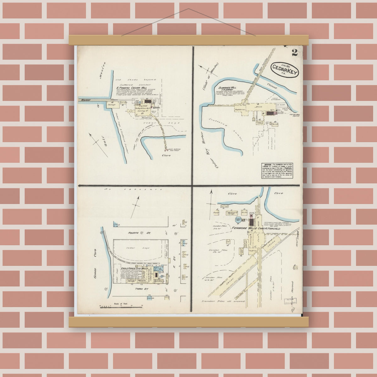 Old map wall art mockup — magnetic wood frame on brick wall — Sanborn Fire Insurance Map from Cedar Key, Levy County, Florida (1884), Sheet #0002