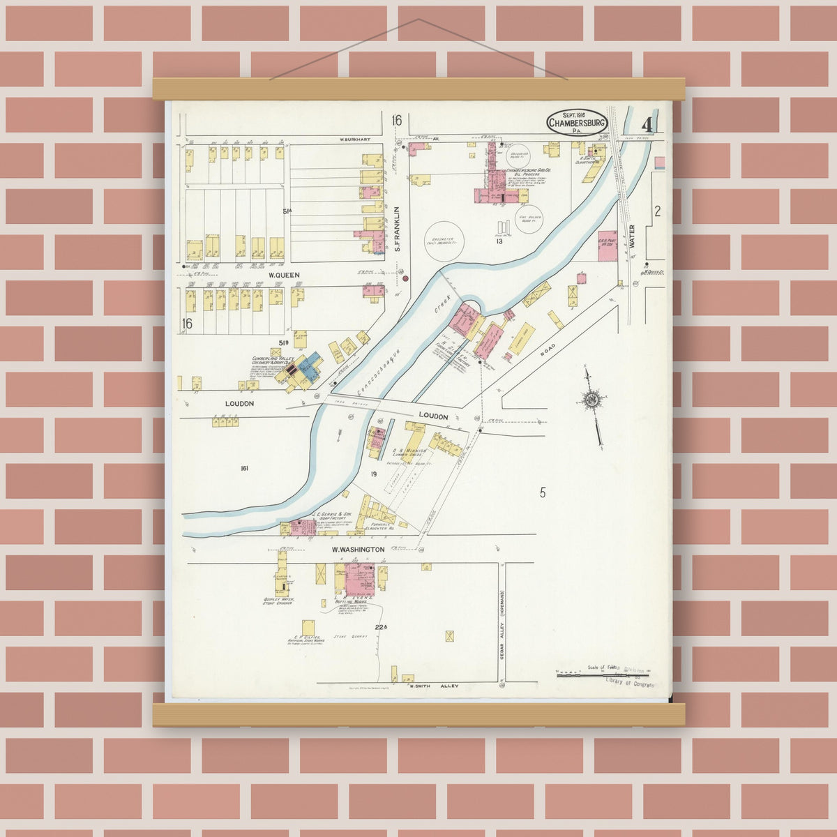 Old map wall art mockup — magnetic wood frame on brick wall — Sanborn Fire Insurance Map from Chambersburg, Franklin County, Pennsylvania (1916), Sheet #0004
