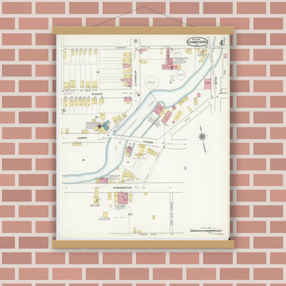 Old map wall art mockup — magnetic wood frame on brick wall — Sanborn Fire Insurance Map from Chambersburg, Franklin County, Pennsylvania (1916), Sheet #0004